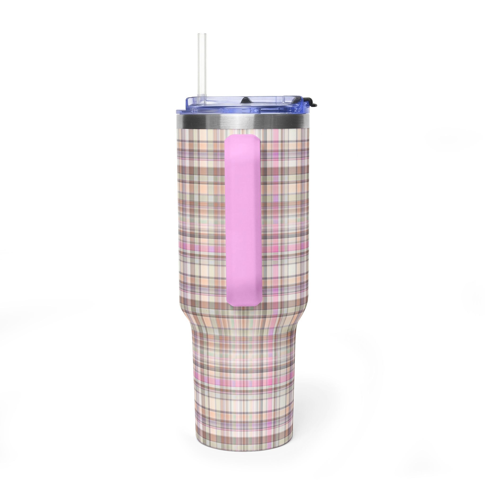 40oz tumbler with plaid wrap and pink carry handle, flip lid and clear straw