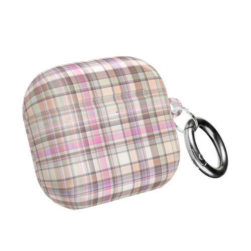 Plaid AirPods case with metal key ring, closed lid and side loop for attachment