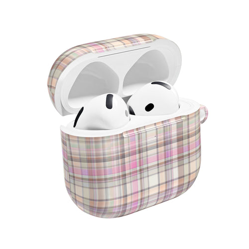 Country plaid AirPods case with open lid, showing earbud cutouts and white earbuds