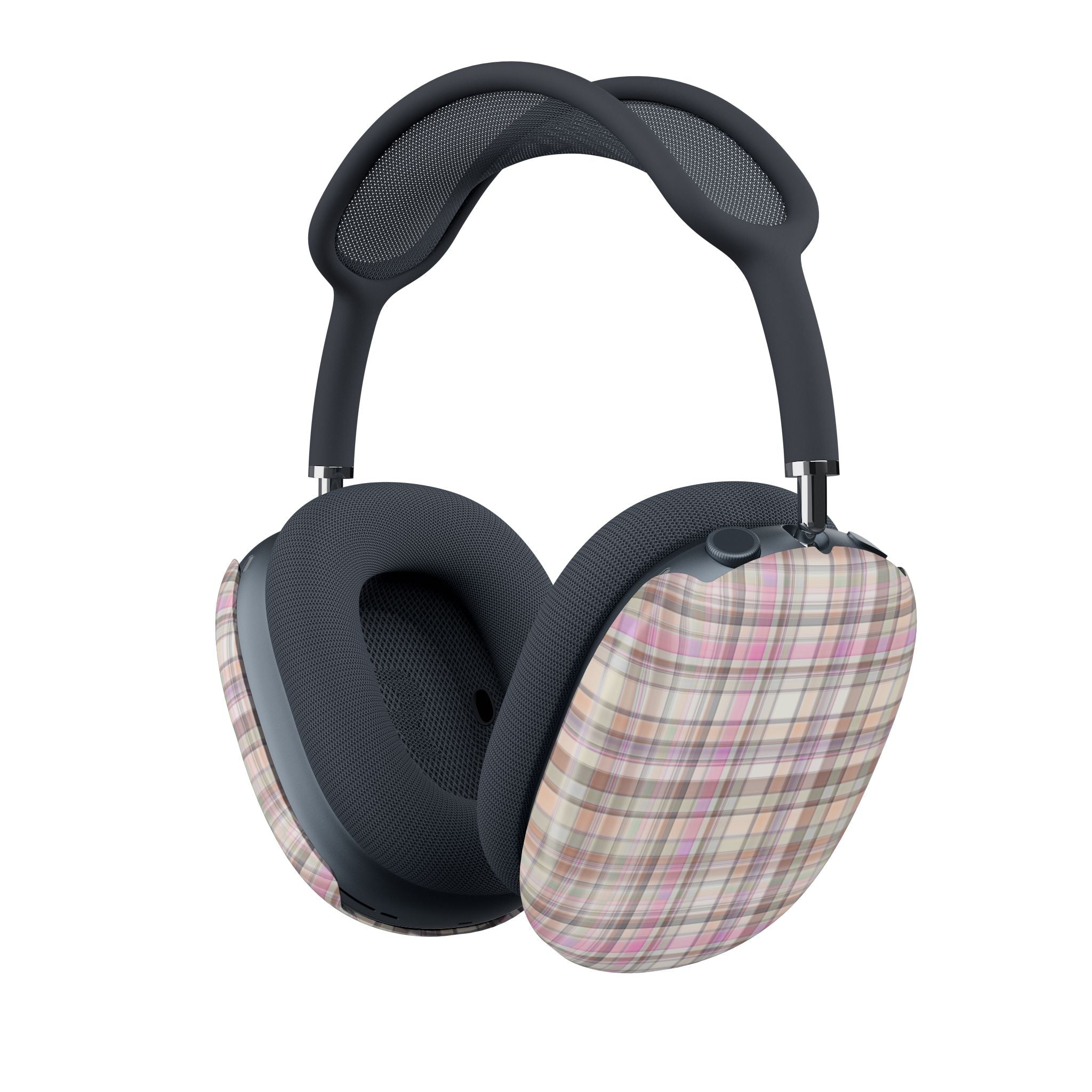 AirPods Max plaid case covers with dark textured ear cushions attached