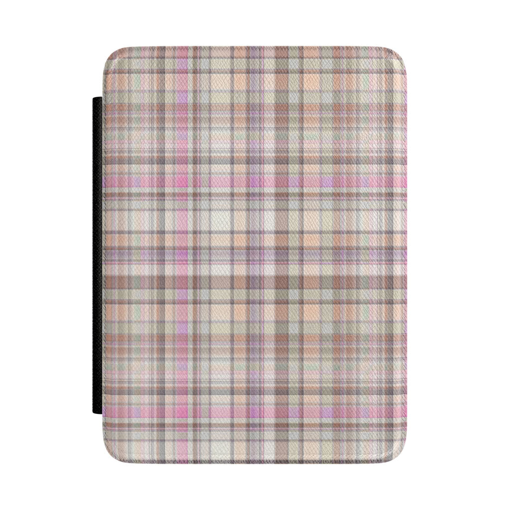 Hardcover kindle case with multicolor country plaid fabric and black spine strap