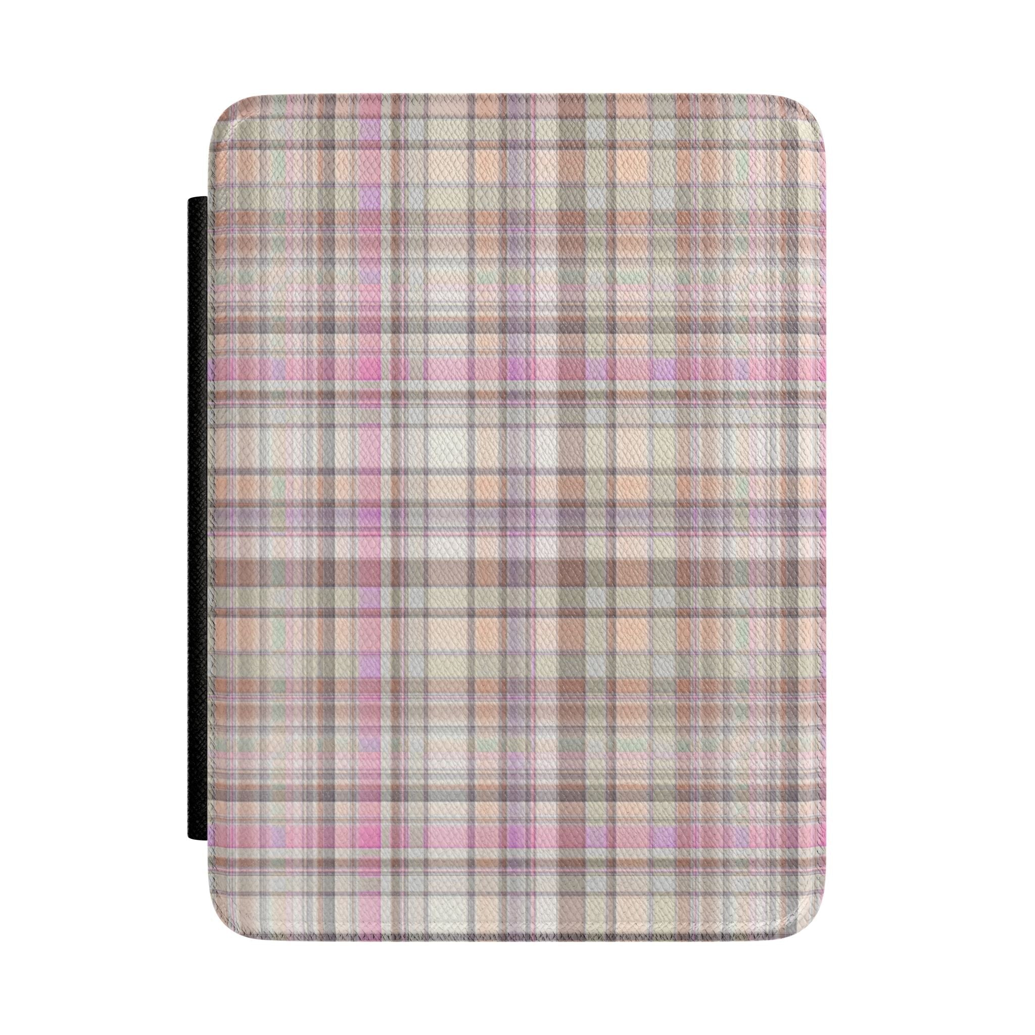 Hardcover kindle case with multicolor country plaid fabric and black spine strap
