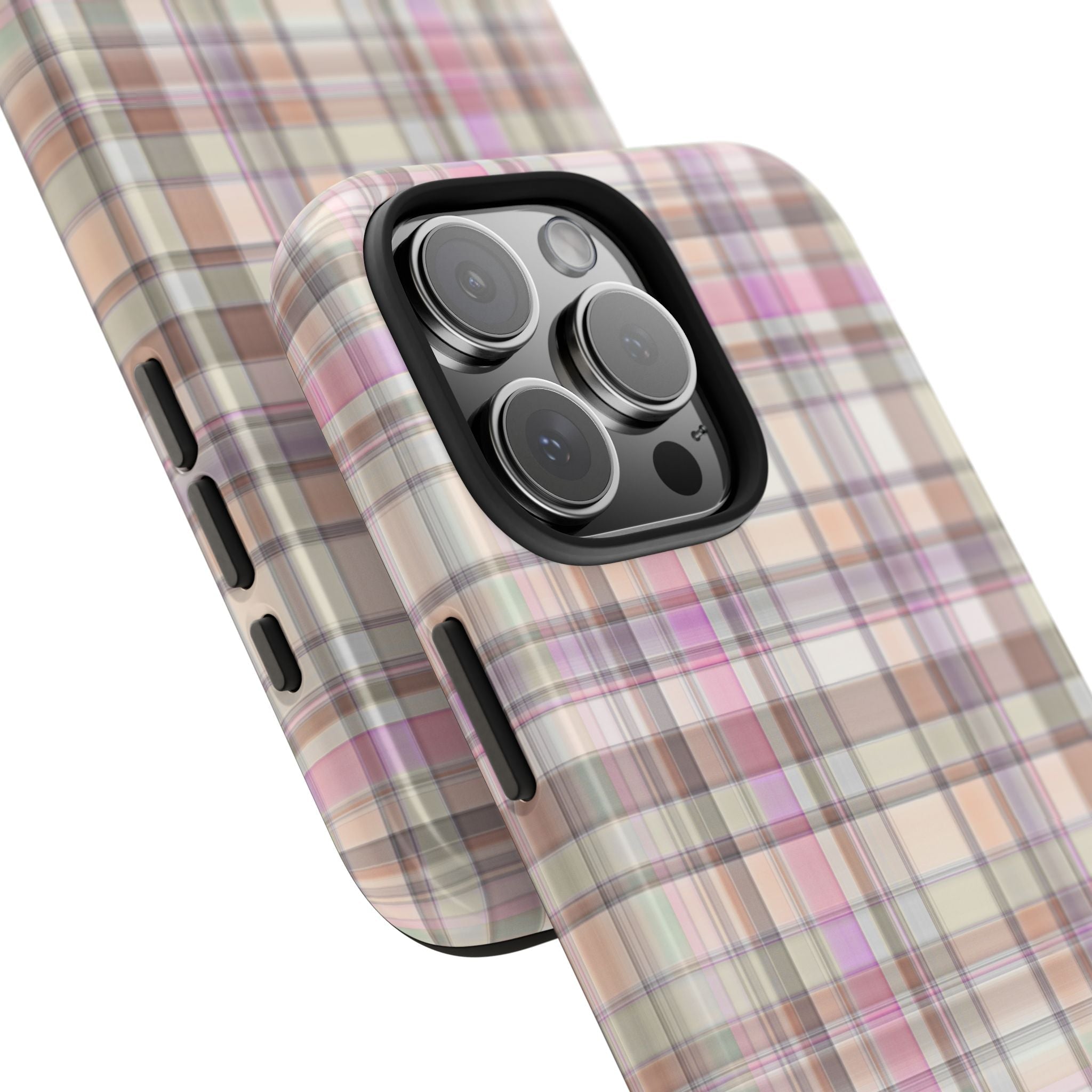 Plaid phone case angled view; pink tan white checks with raised camera lens bezel