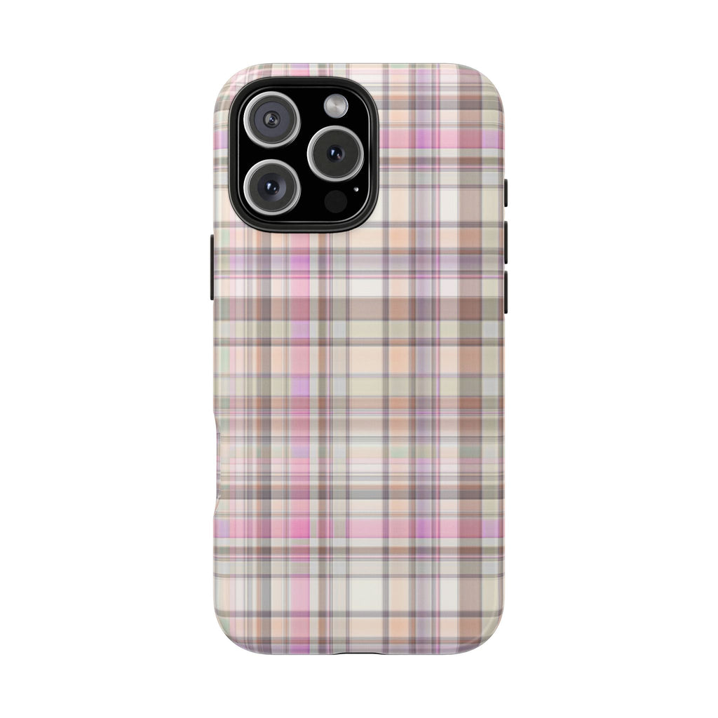 Country plaid phone case with pink, tan, and white check pattern and camera cutout
