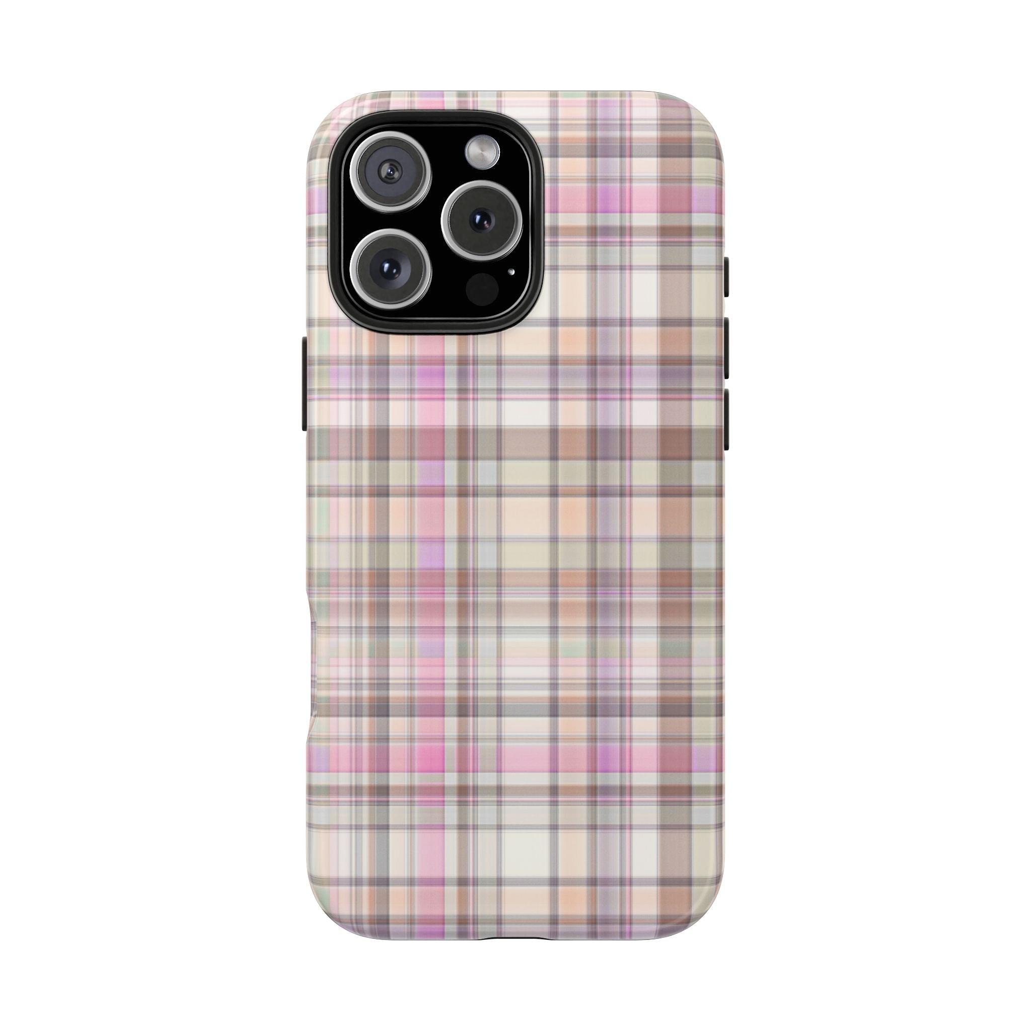 Country plaid phone case with pink, tan, and white check pattern and camera cutout