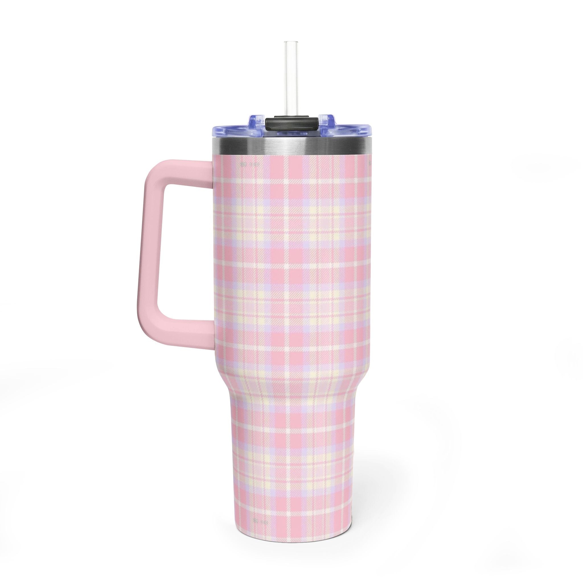 40oz rose plaid stainless tumbler with pink handle and straw, blue lid