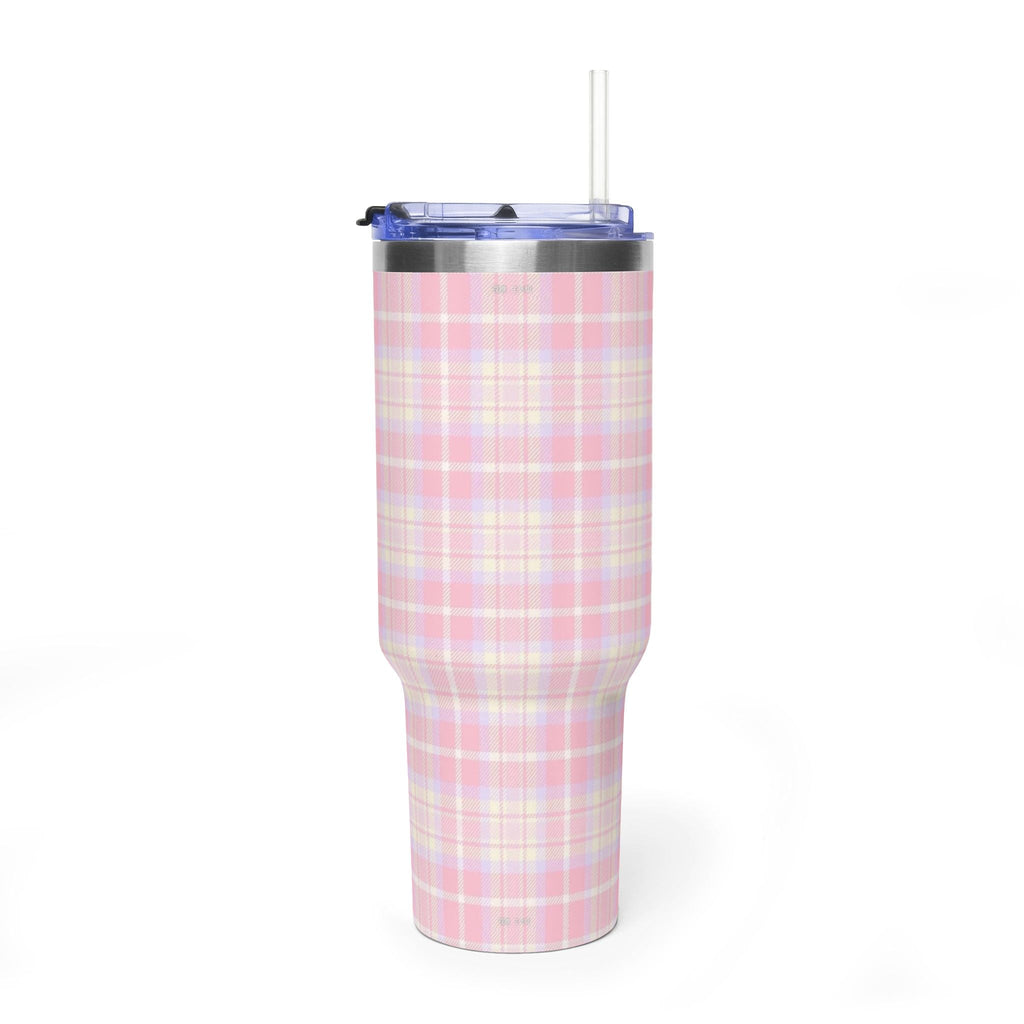 40oz rose plaid tumbler with straw and blue lid, front view