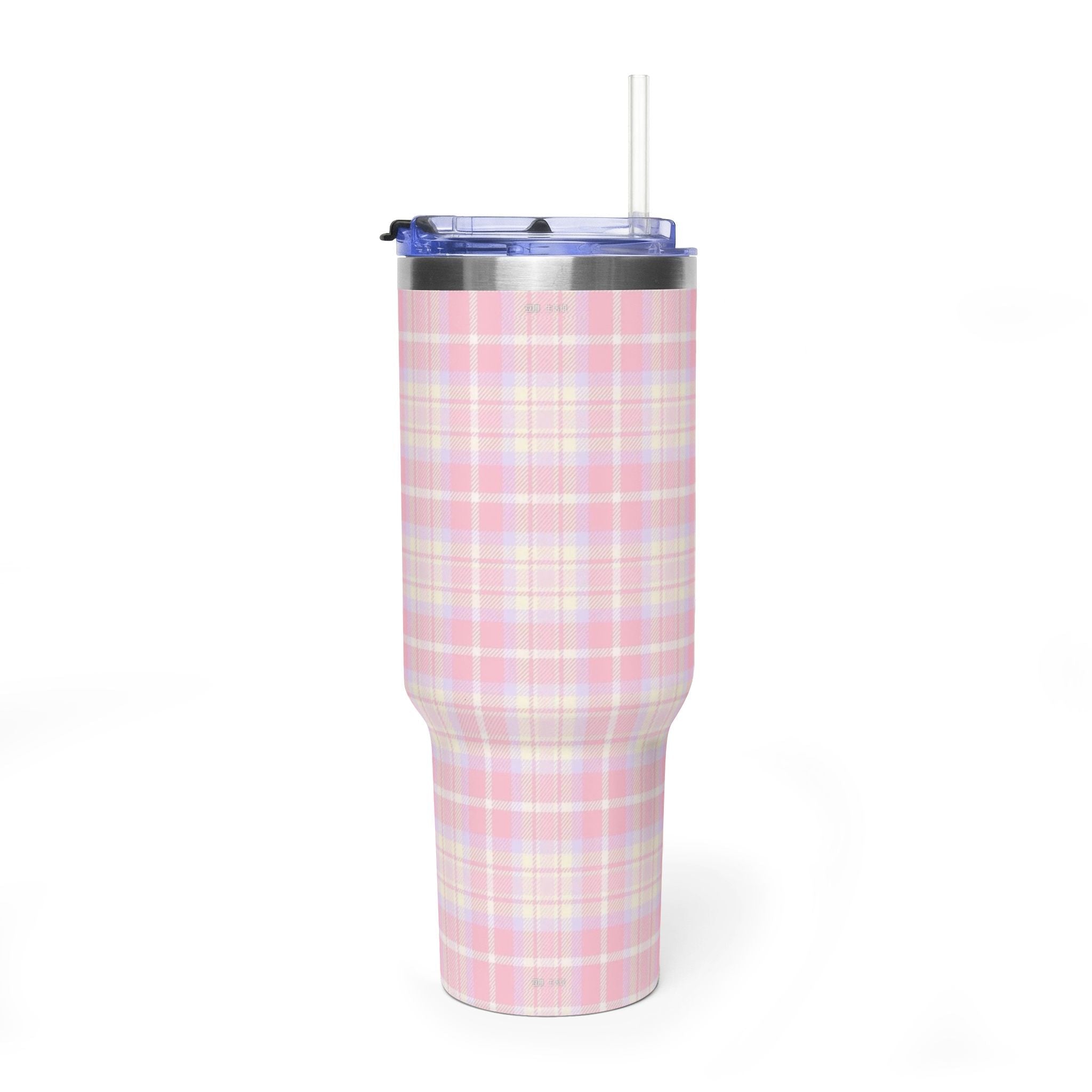 40oz rose plaid tumbler with straw and blue lid, front view