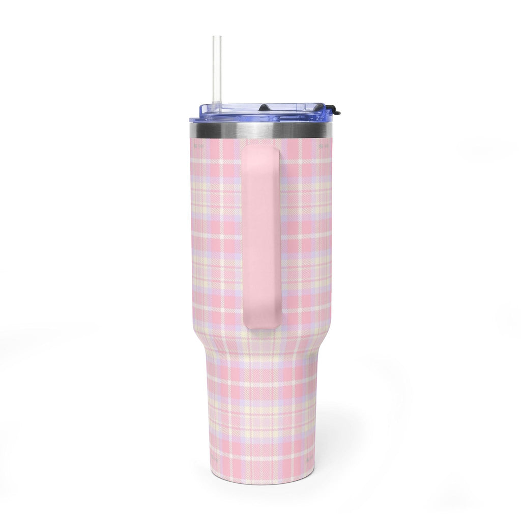 40oz rose plaid tumbler with straw, blue lid, pink front panel