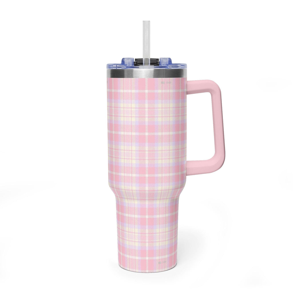 40oz rose plaid stainless tumbler, straw and pink side handle
