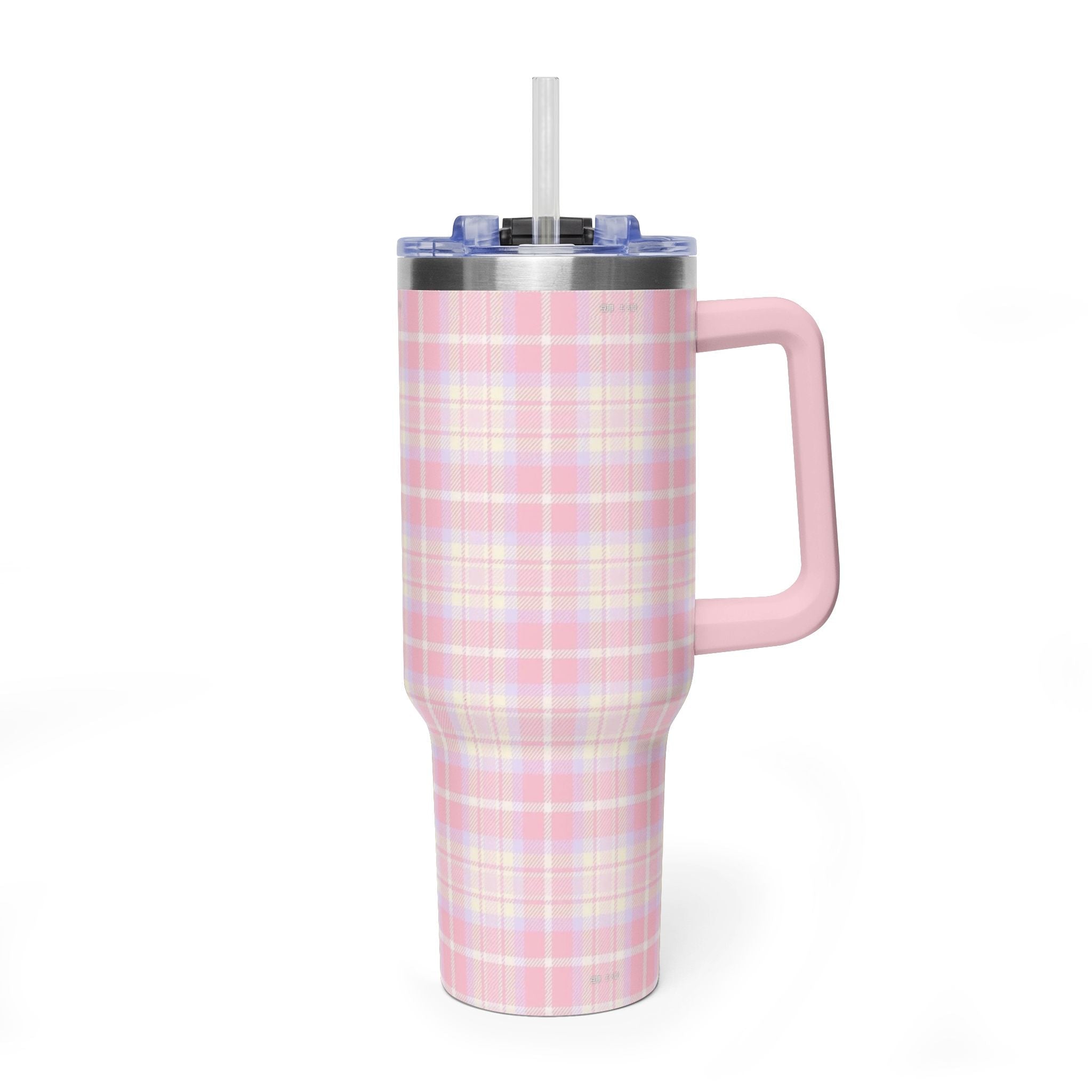 40oz rose plaid stainless tumbler, straw and pink side handle