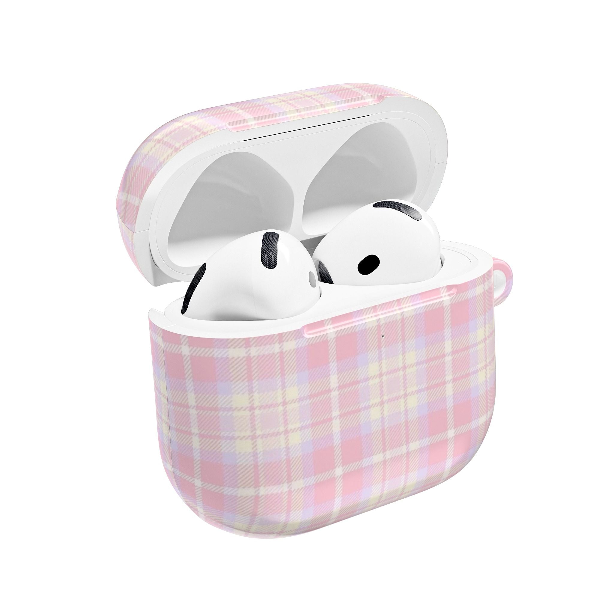 Plaid pink AirPods case, open lid showing white earbuds