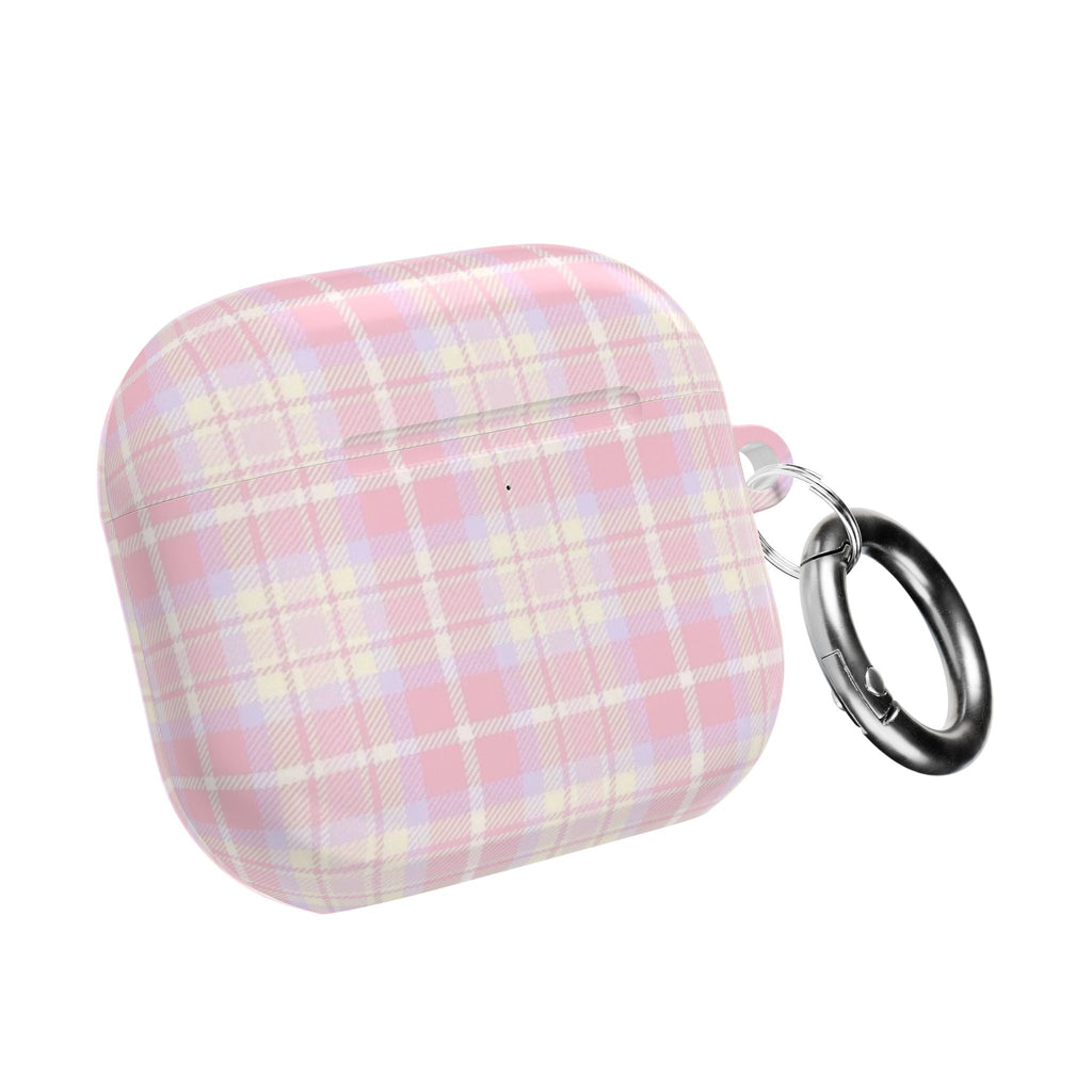 Pink plaid AirPods case with keyring loop and back view
