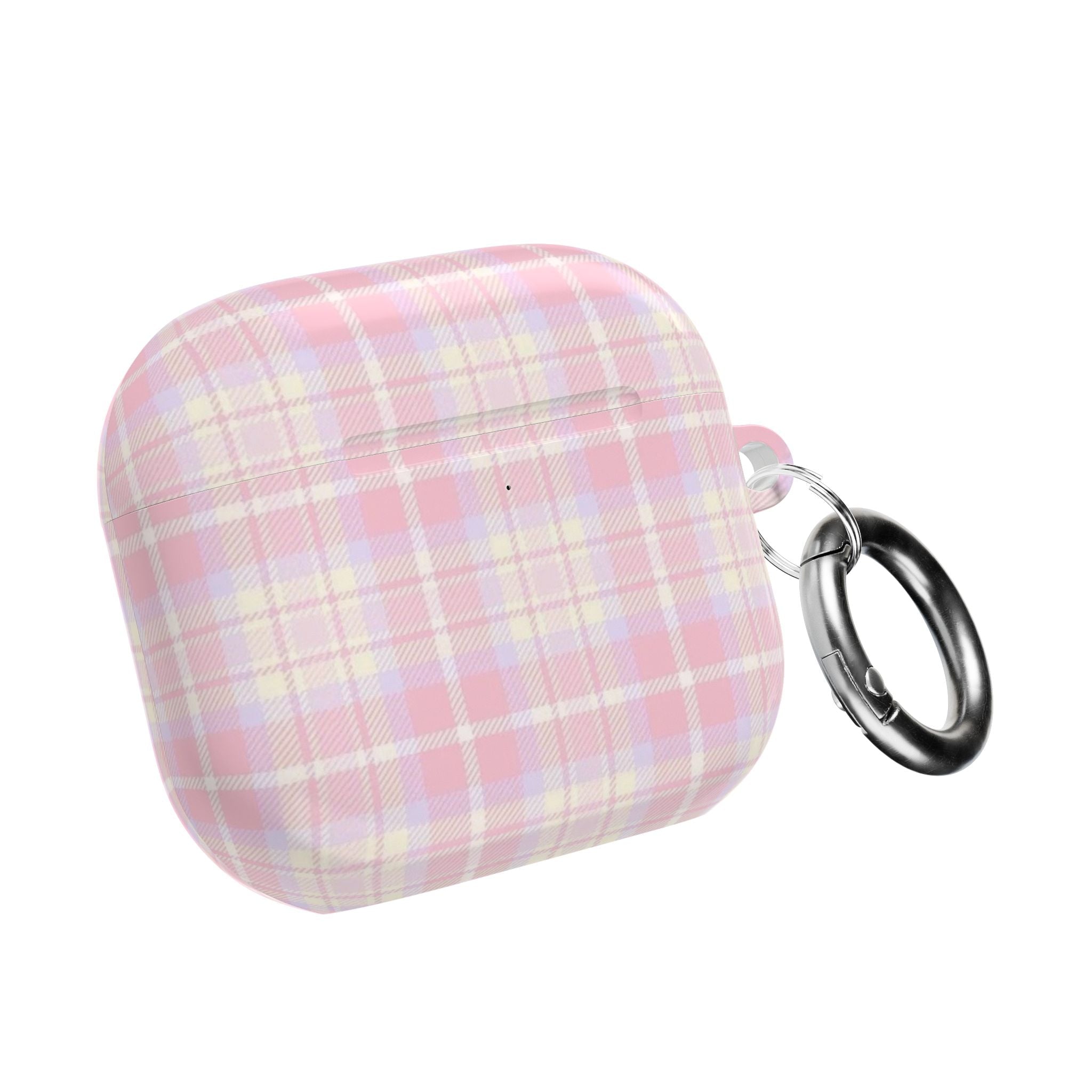 Pink plaid AirPods case with keyring loop and back view