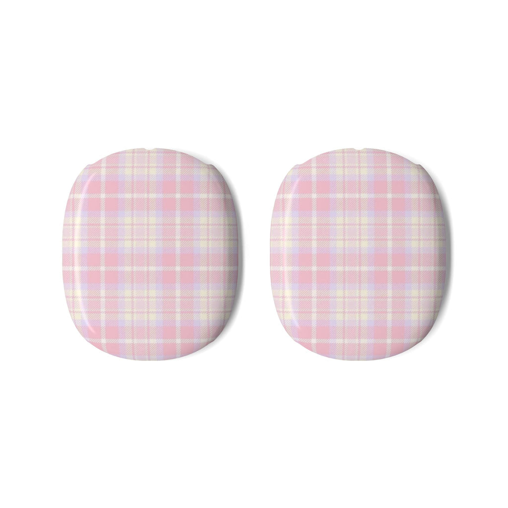Pink plaid ear-pad covers pair for AirPods Max, rounded protective shape