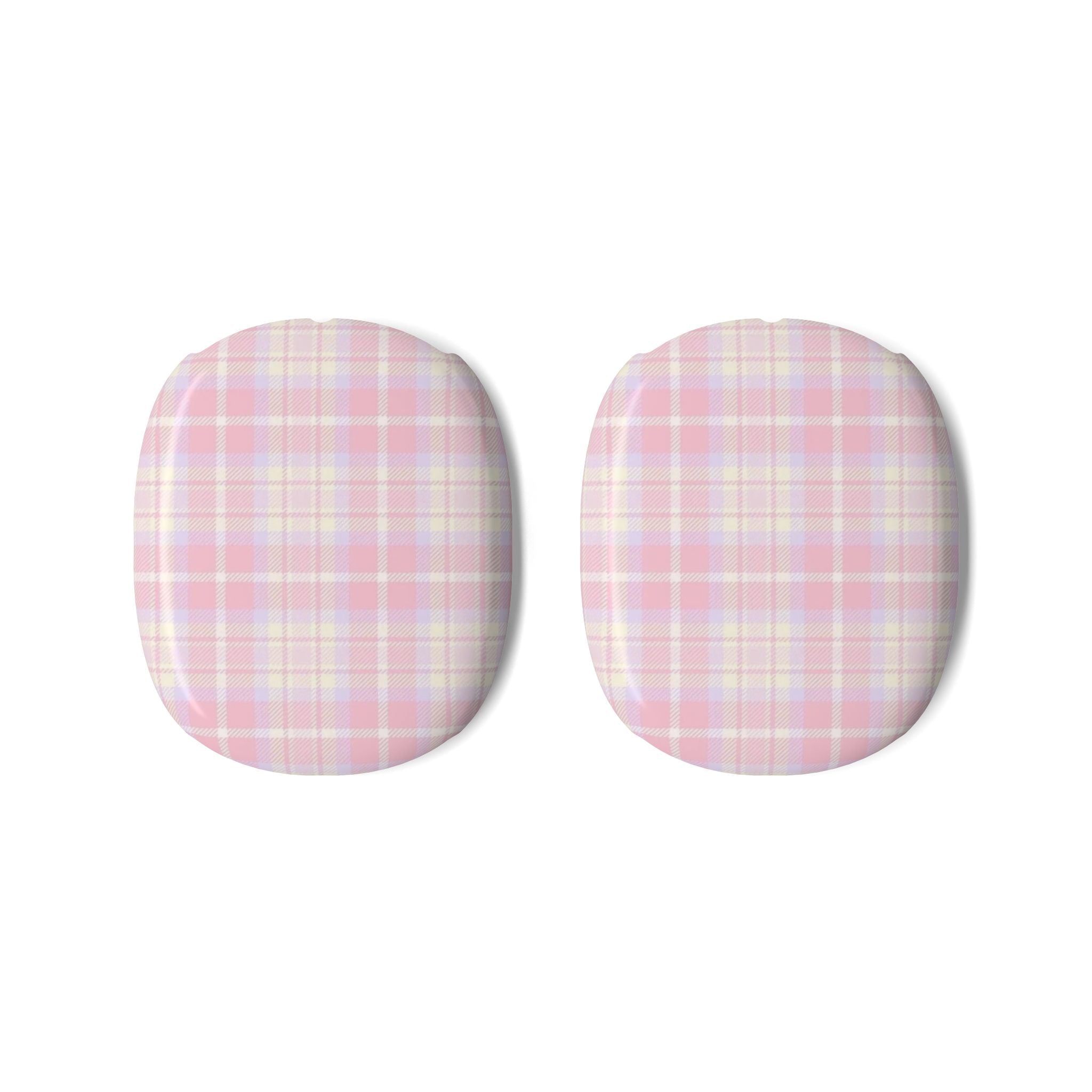 Pink plaid ear-pad covers pair for AirPods Max, rounded protective shape