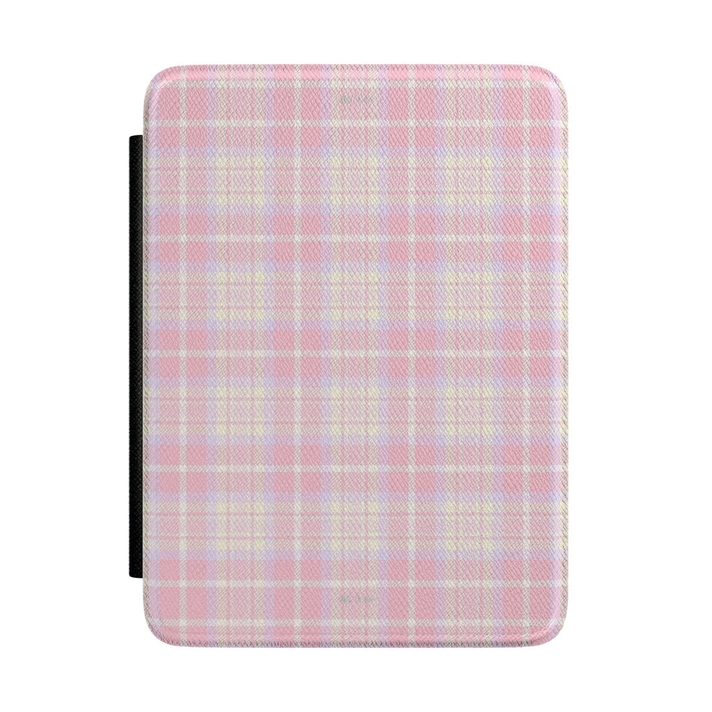 Country rose plaid hardcover Kindle case, pastel pink and cream with check pattern