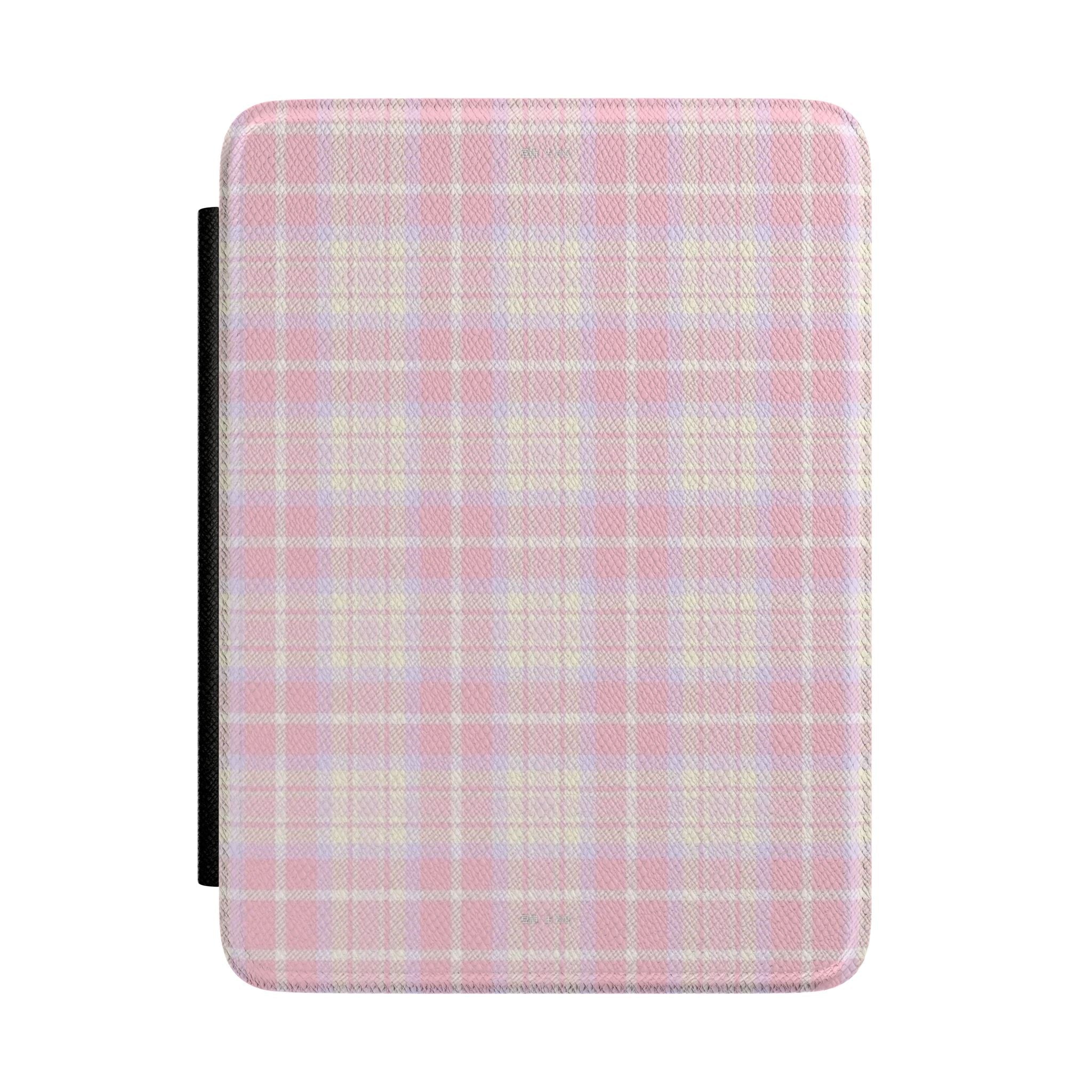 Country rose plaid hardcover Kindle case, pastel pink and cream with check pattern