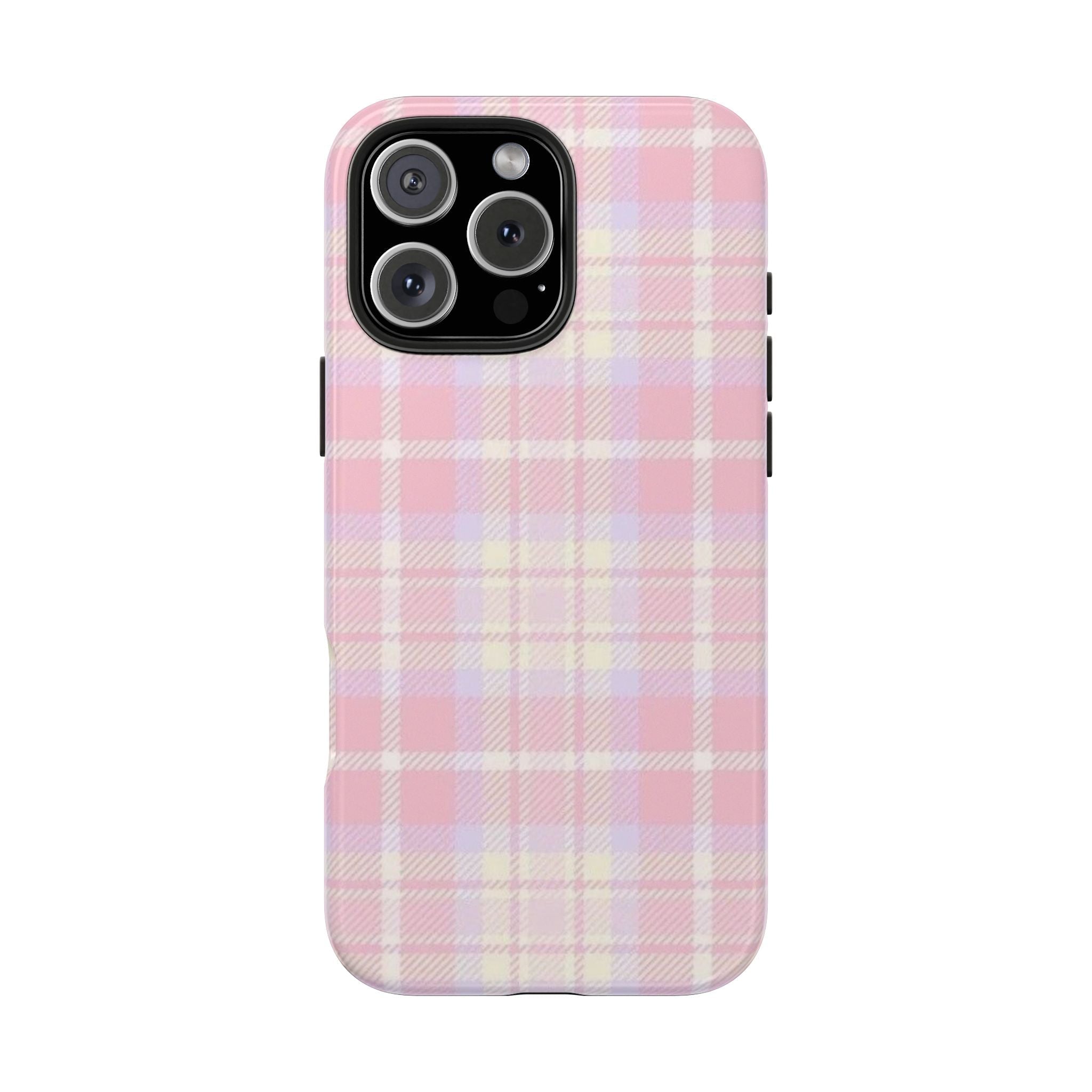 Pink and white country plaid phone case with raised camera cutouts and black edges