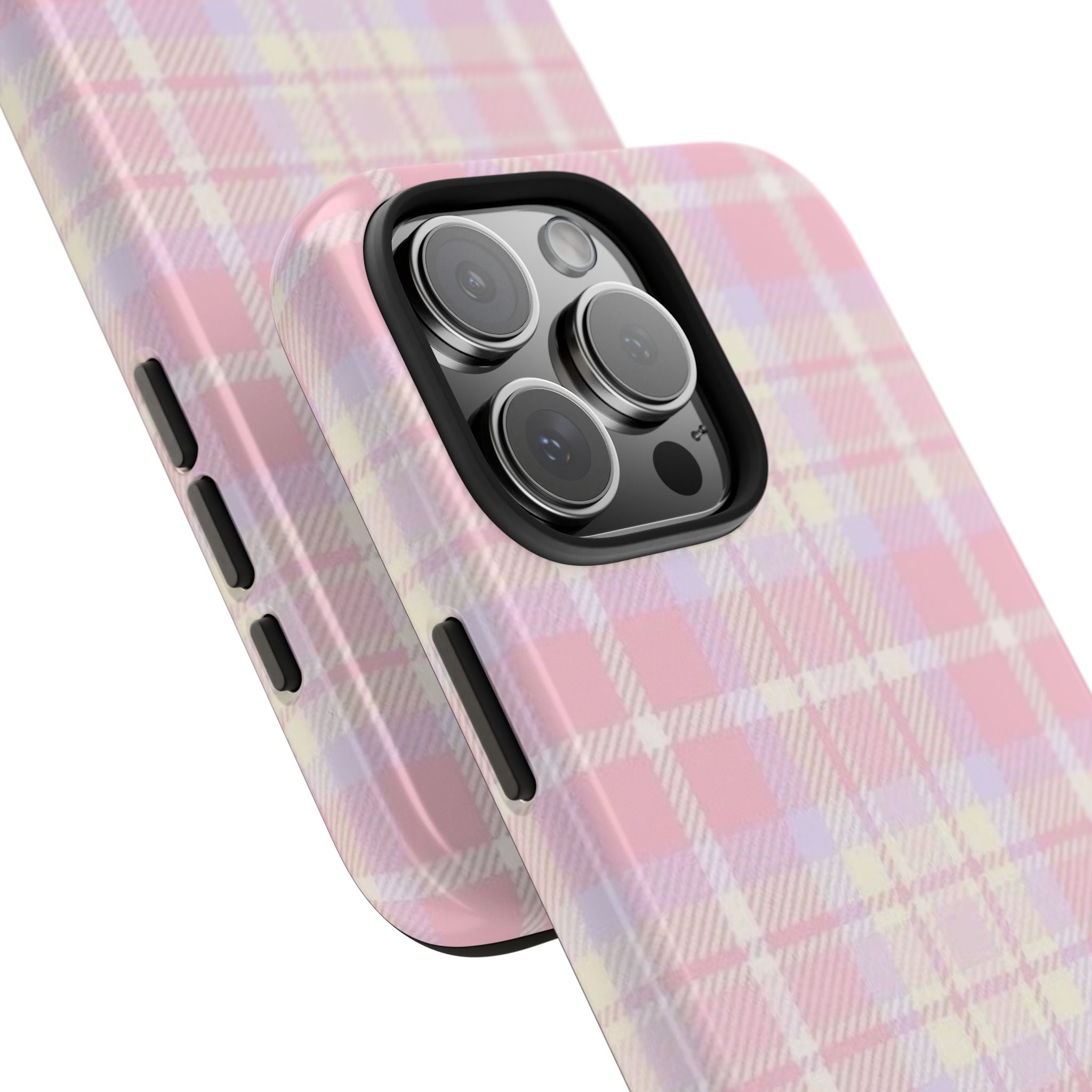 Pink country plaid phone case front and back view with camera lens openings and black trim