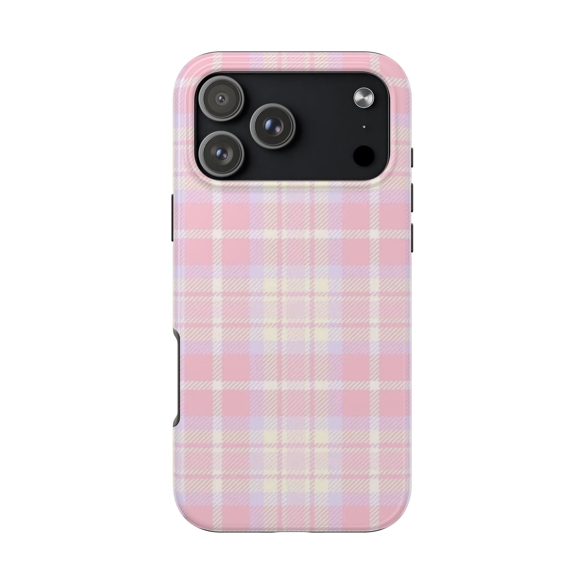 Pink plaid phone case showing rear camera cutouts and side button cutouts