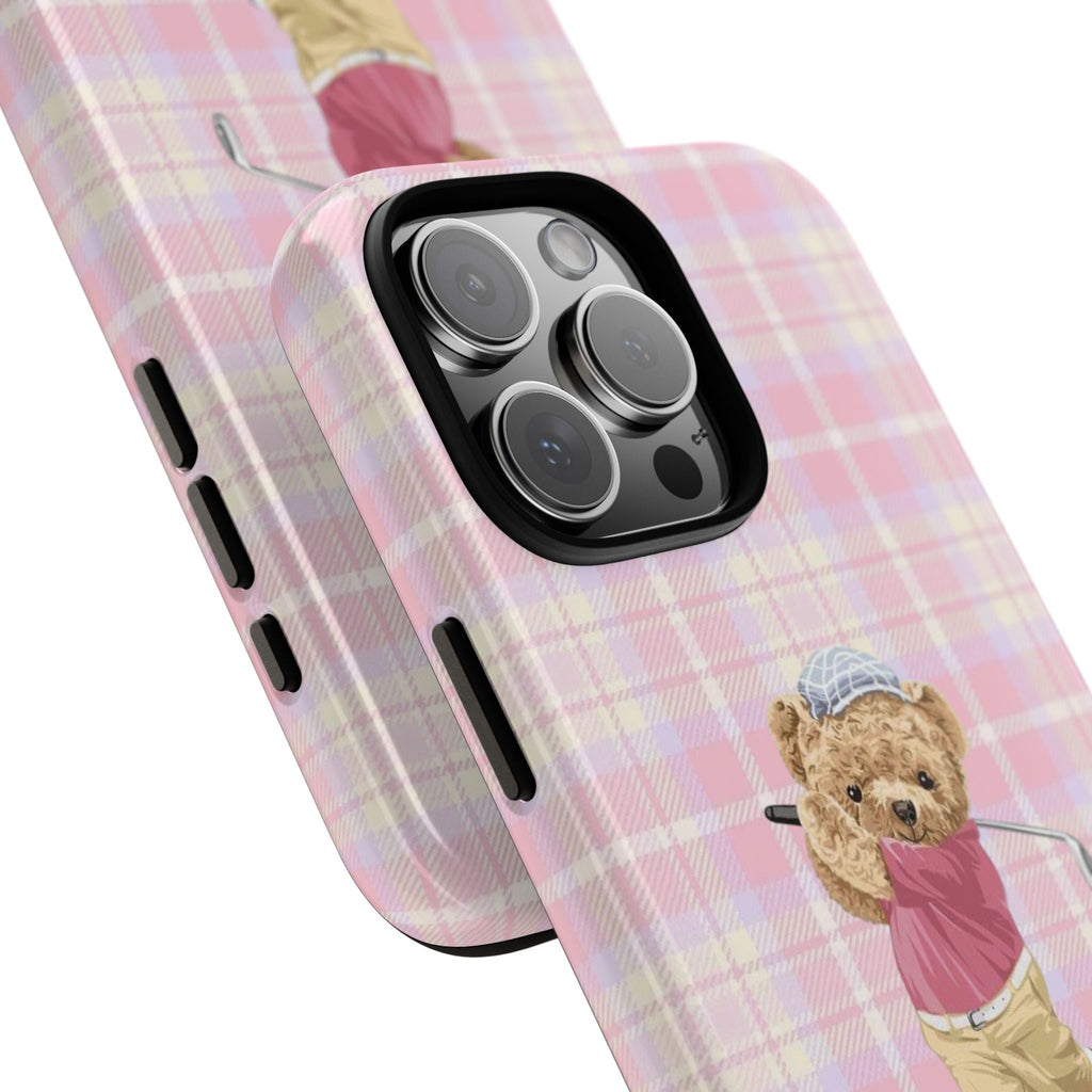 Pink plaid phone case with teddy bear golfer, angled view showing side cutouts