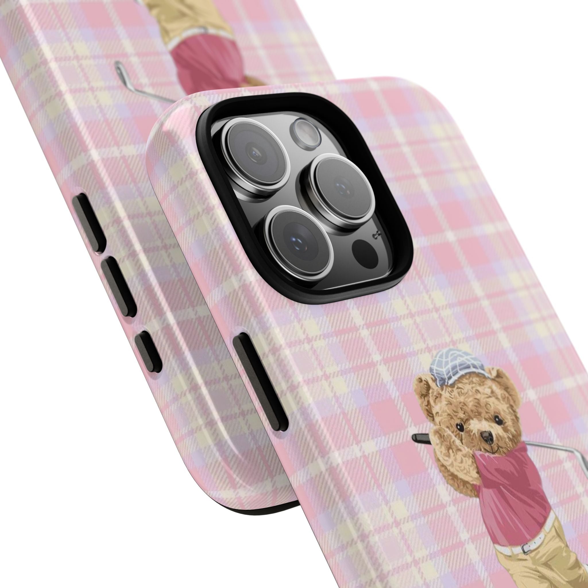 Pink plaid phone case with teddy bear golfer, angled view showing side cutouts