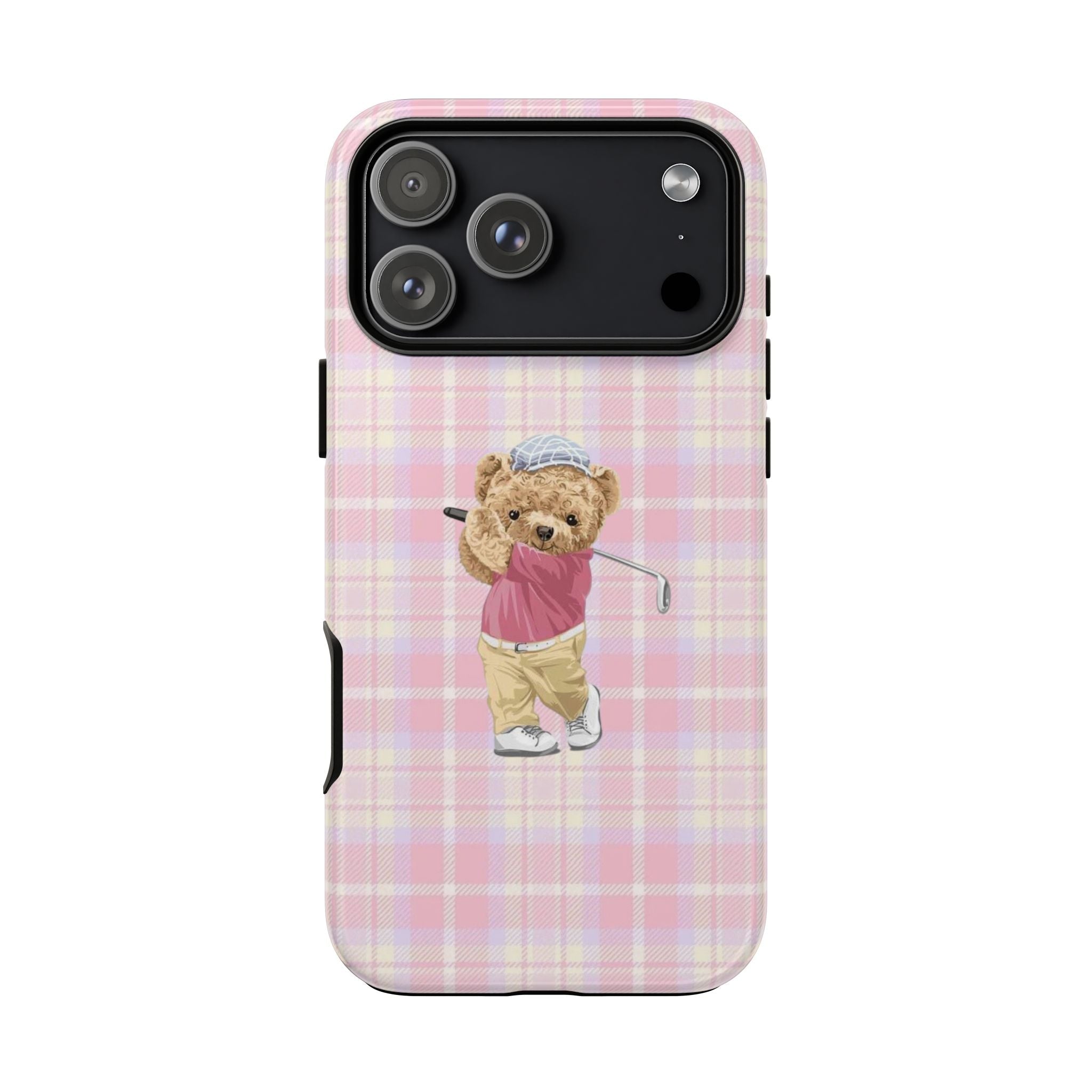 Pink plaid phone case with teddy bear golfer character and club, camera cutout visible