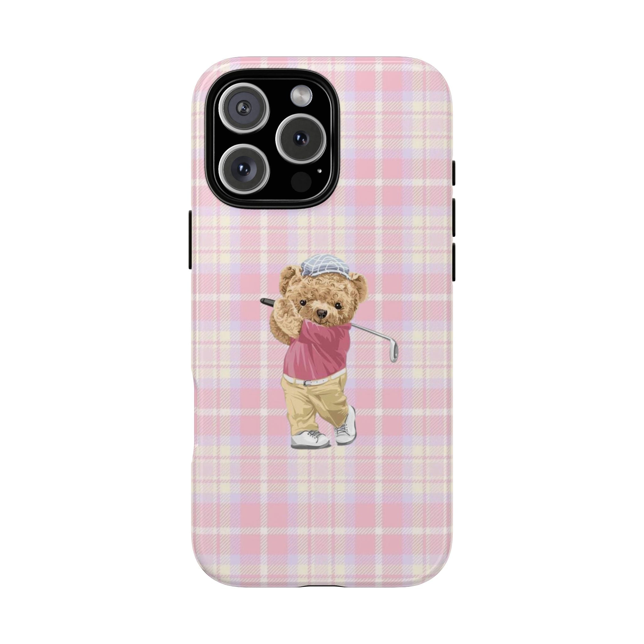 Pink plaid phone case with teddy bear golfer in cap and pink shirt, holding a club