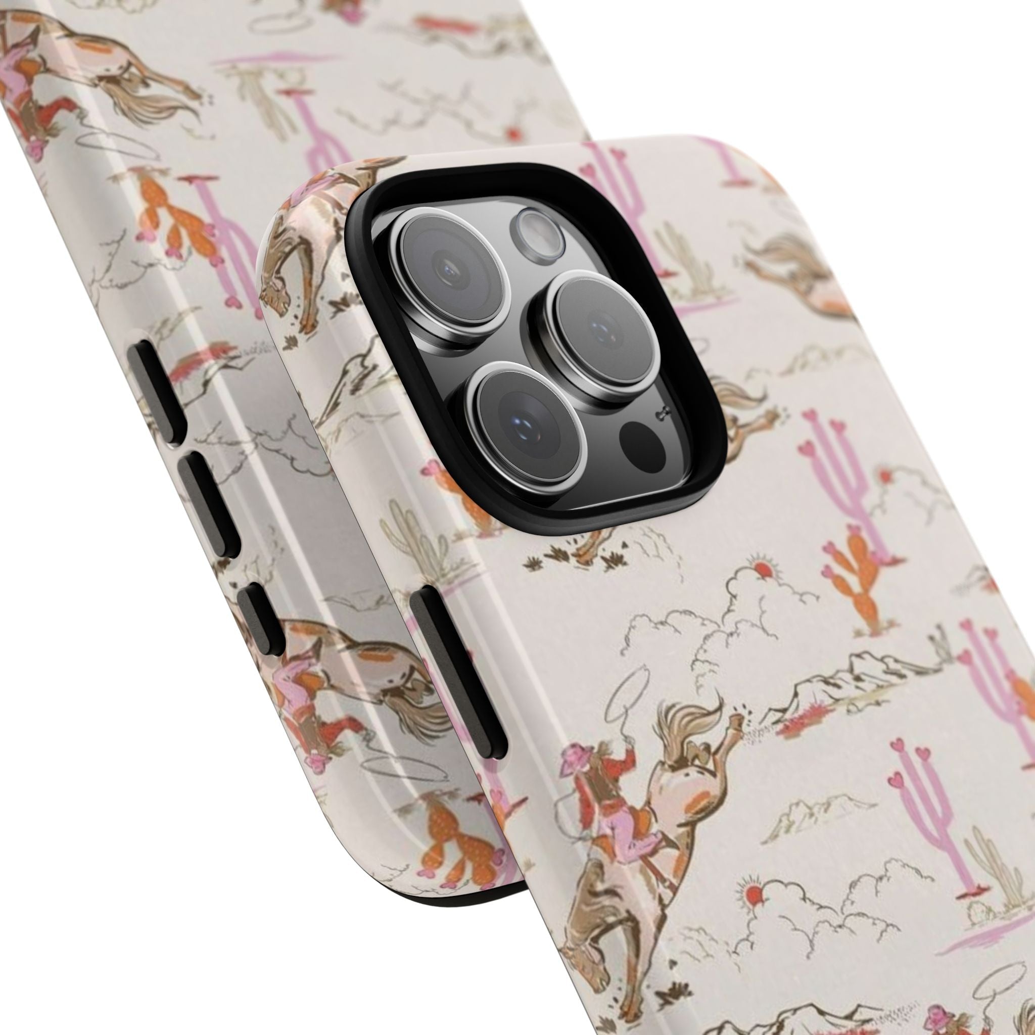 Close-up of country western desert phone case: white cactus and cowboy rider print, cutouts