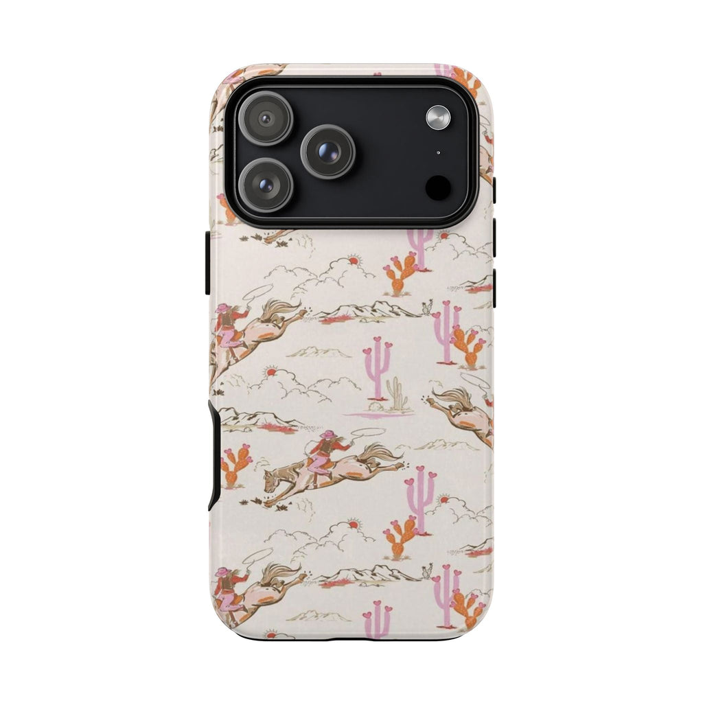 Front-view country western desert phone case with cactus and cowboy horse rider design