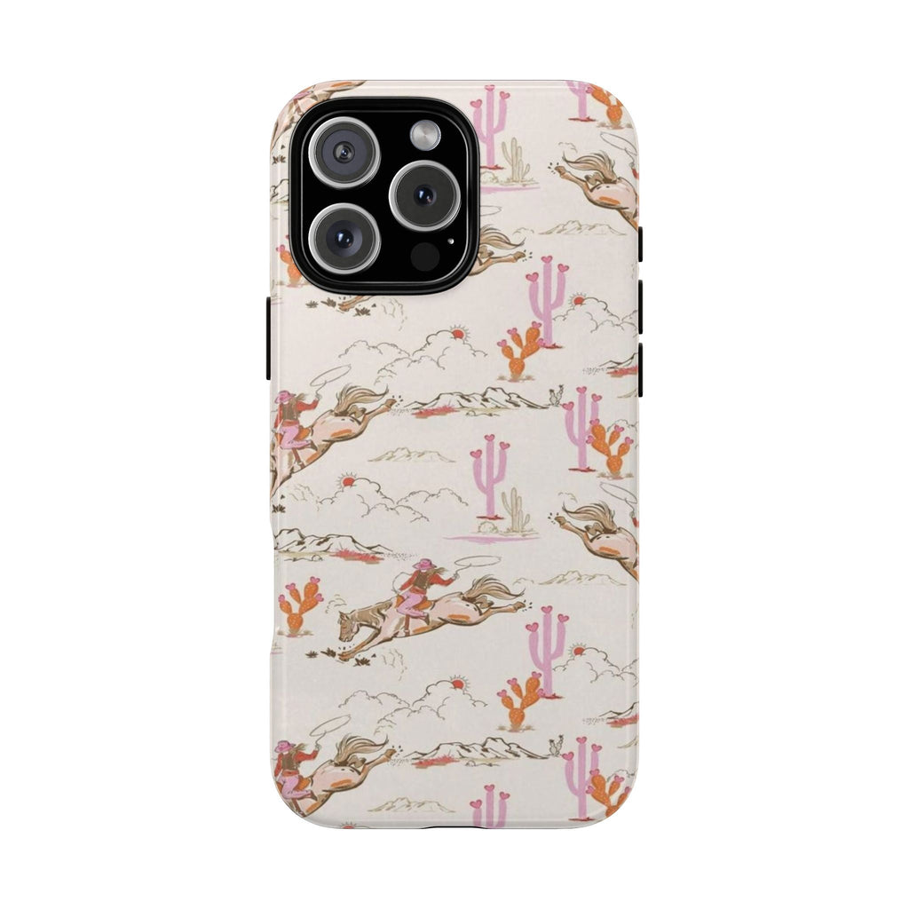 White country western desert phone case with cactus and cowboy rider pattern, glossy look
