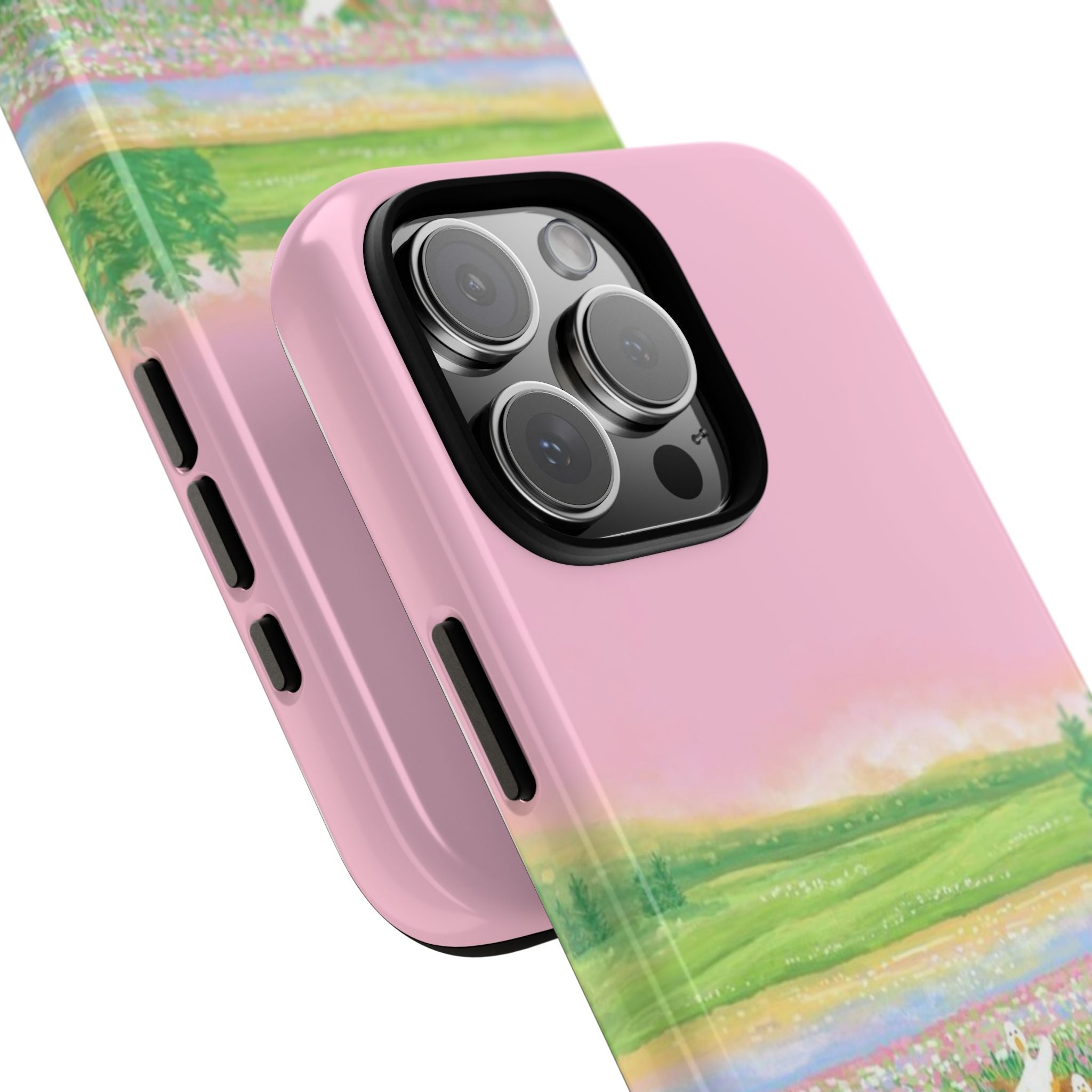 Pink protective case with duck landscape artwork, raised camera area and side buttons