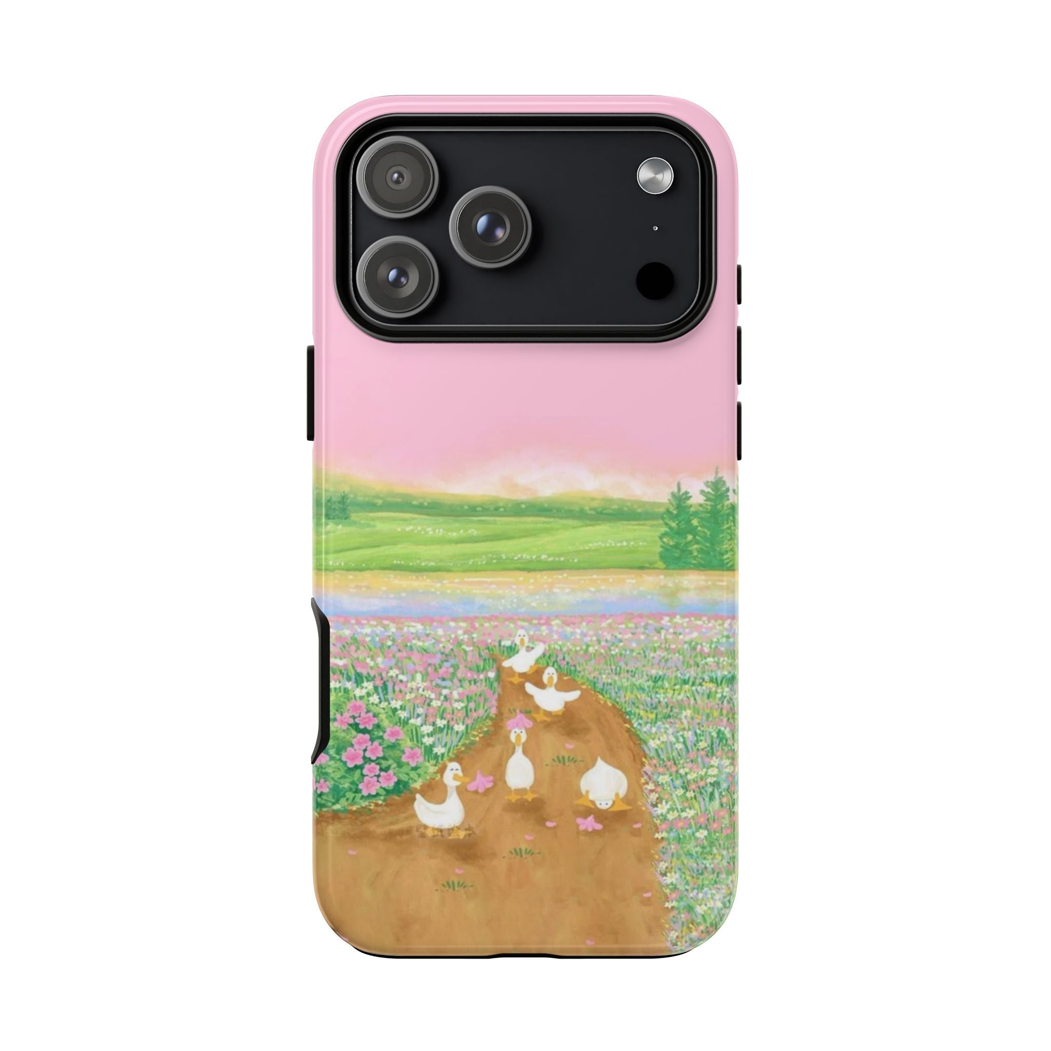 Pink countryside duck phone case with tulip field scene near camera cutouts