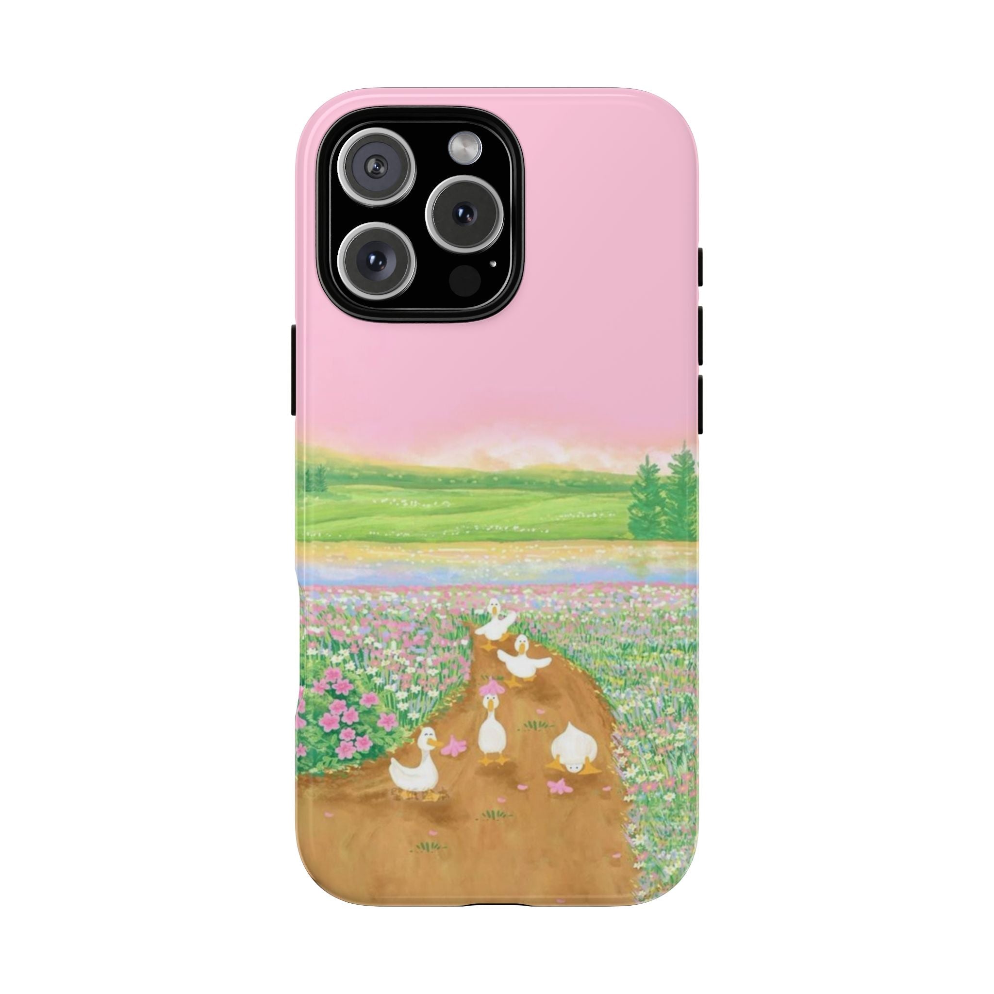 Pink phone case with countryside duck illustration and scenic field artwork