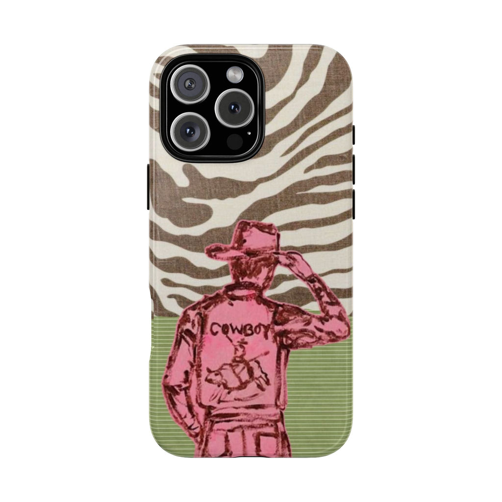 Cowboy animal print phone case with zebra pattern and pink cowboy graphic