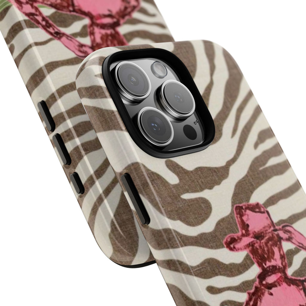 Angled cowboy animal print phone case with zebra stripes and pink cowboy graphic
