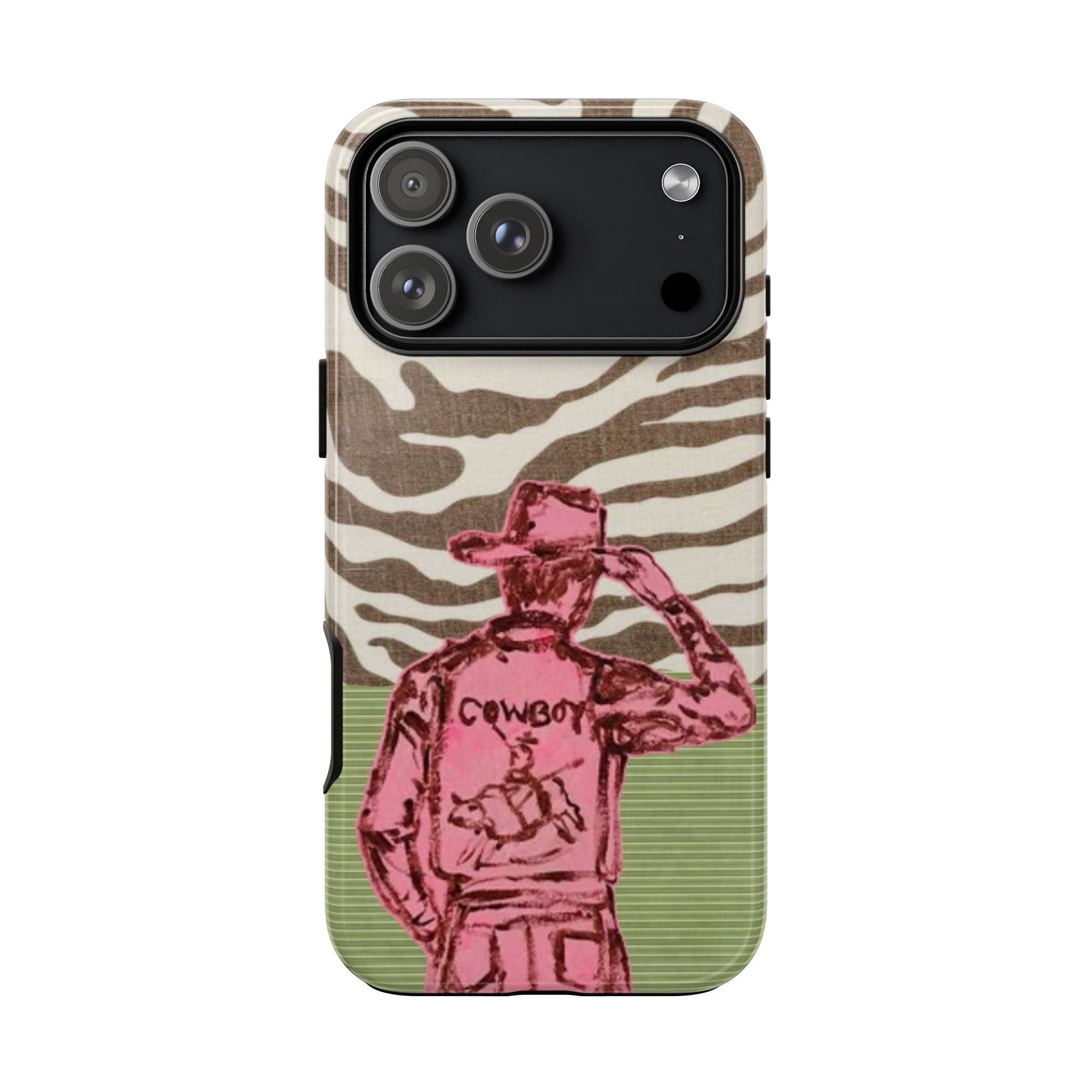 Cowboy zebra animal print phone case, pink cowboy figure, camera cutouts visible