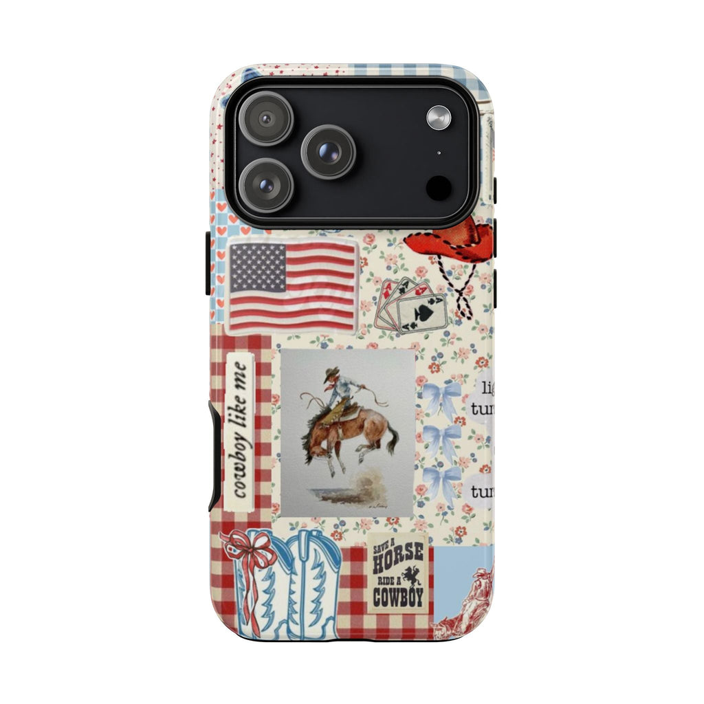 Cowboy patchwork phone case front view, American flag and horse with floral plaid
