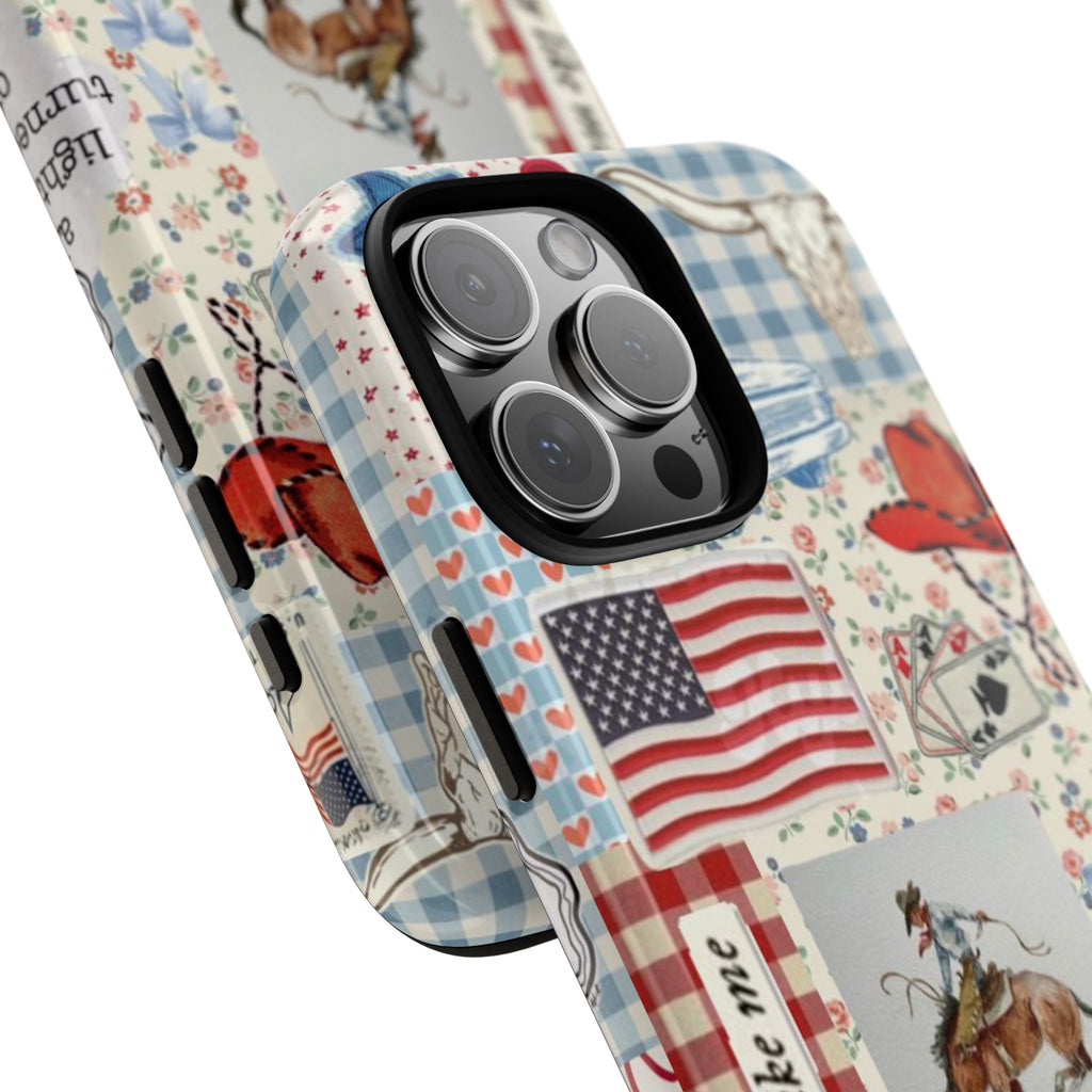 Cowboy phone case side view with American flag patch, plaid and horse artwork
