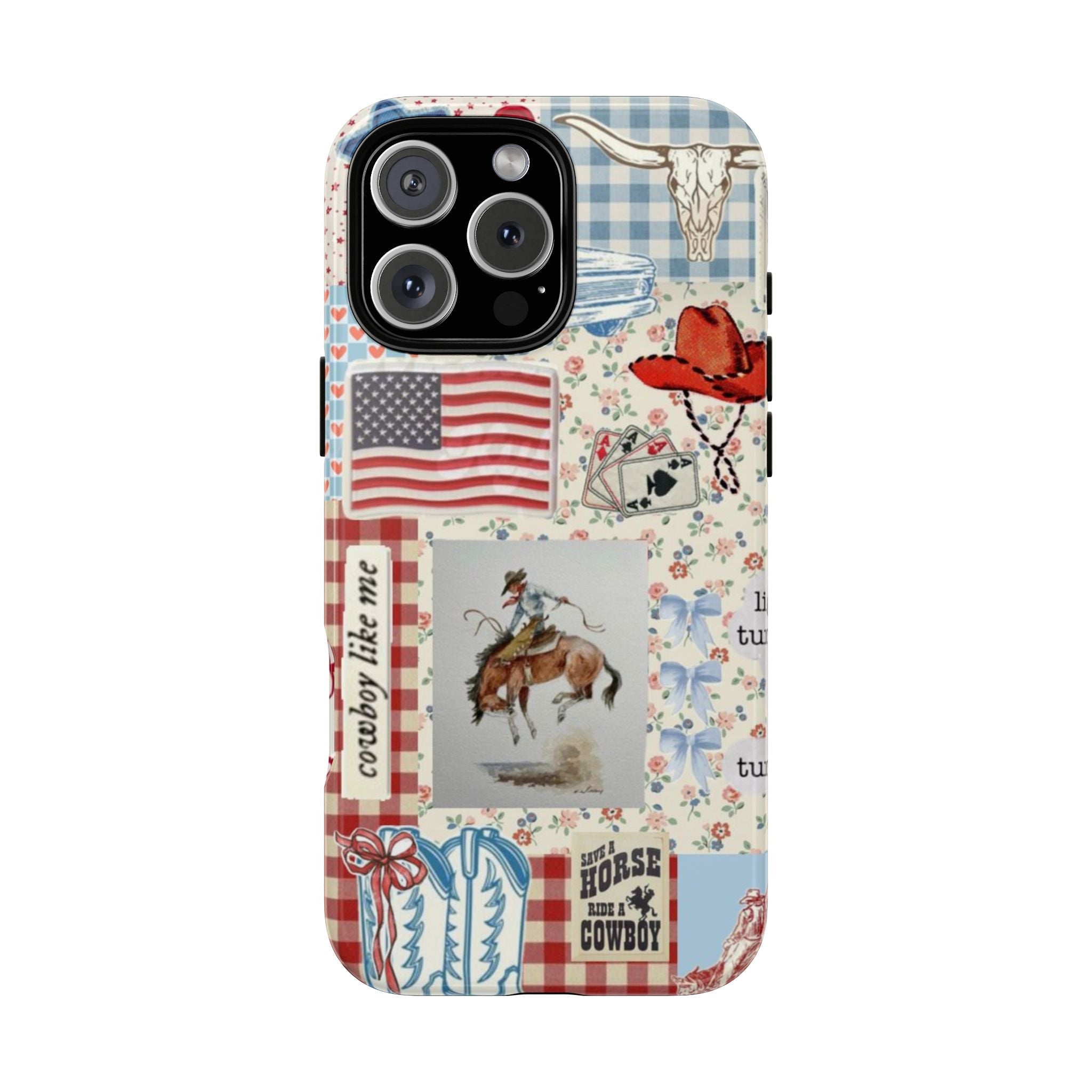 Cowboy patchwork phone case with American flag, plaid, florals, horse graphic