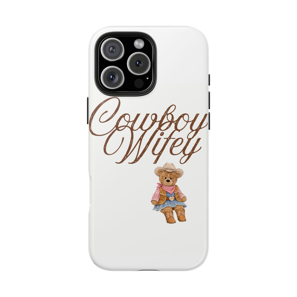Cowboy Wifey teddy bear phone case, white back with brown script logo and bear