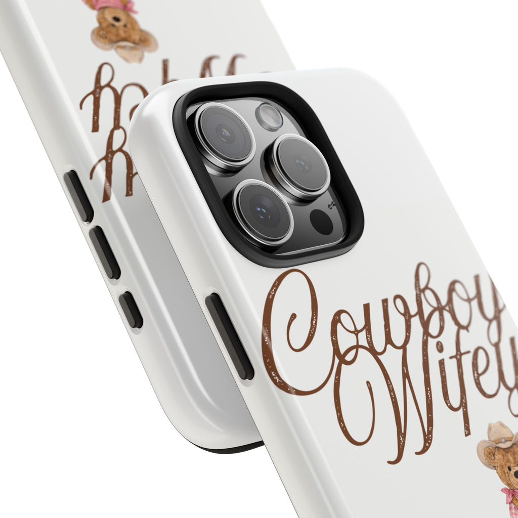 Cowboy Wifey teddy bear phone case close-up of camera cutouts and brown script