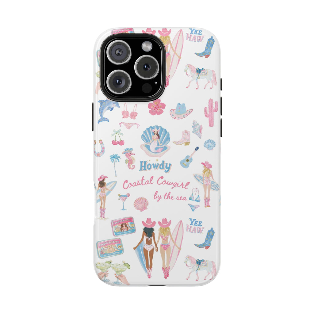 White phone case with coastal cowgirl beach icons, shells and seahorses, camera cutouts