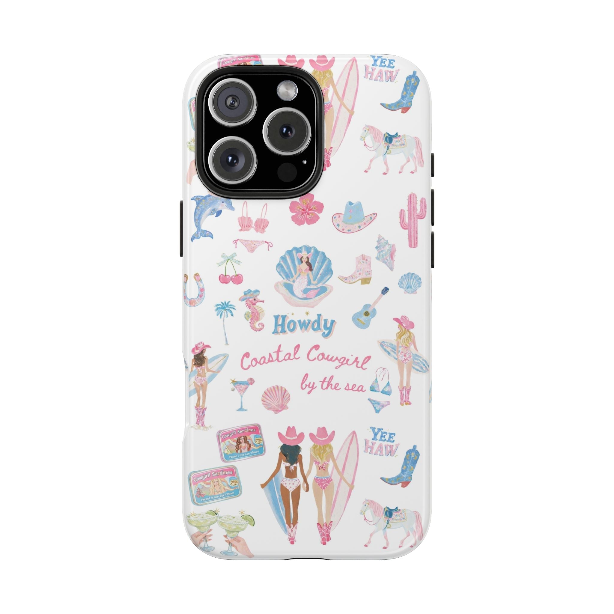White phone case with coastal cowgirl beach icons, shells and seahorses, camera cutouts