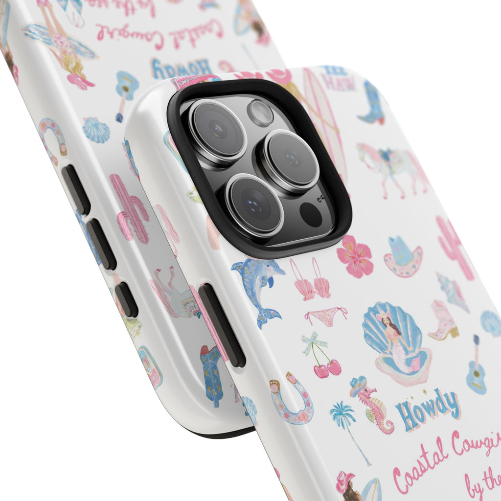 Angled white phone case with coastal cowgirl and ocean icons print, triple camera cutouts