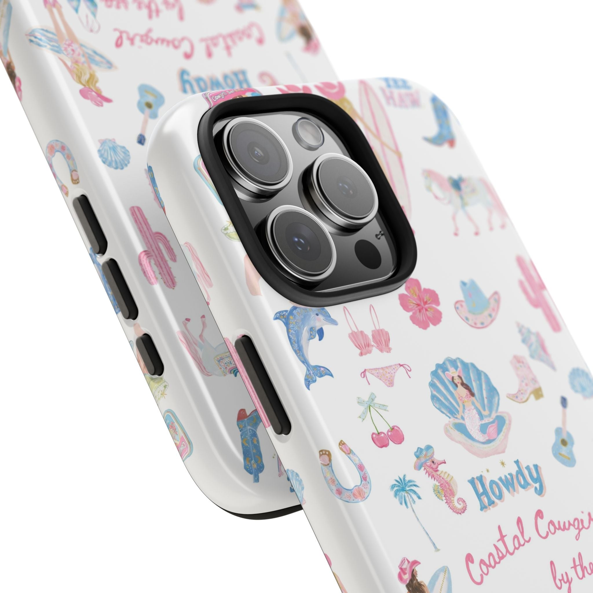 Angled white phone case with coastal cowgirl and ocean icons print, triple camera cutouts