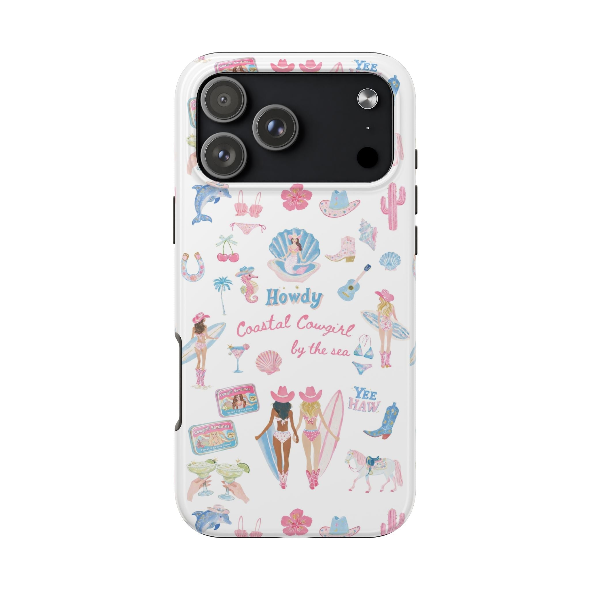 White phone case with colorful coastal cowgirl and sea life icons pattern, camera cutouts