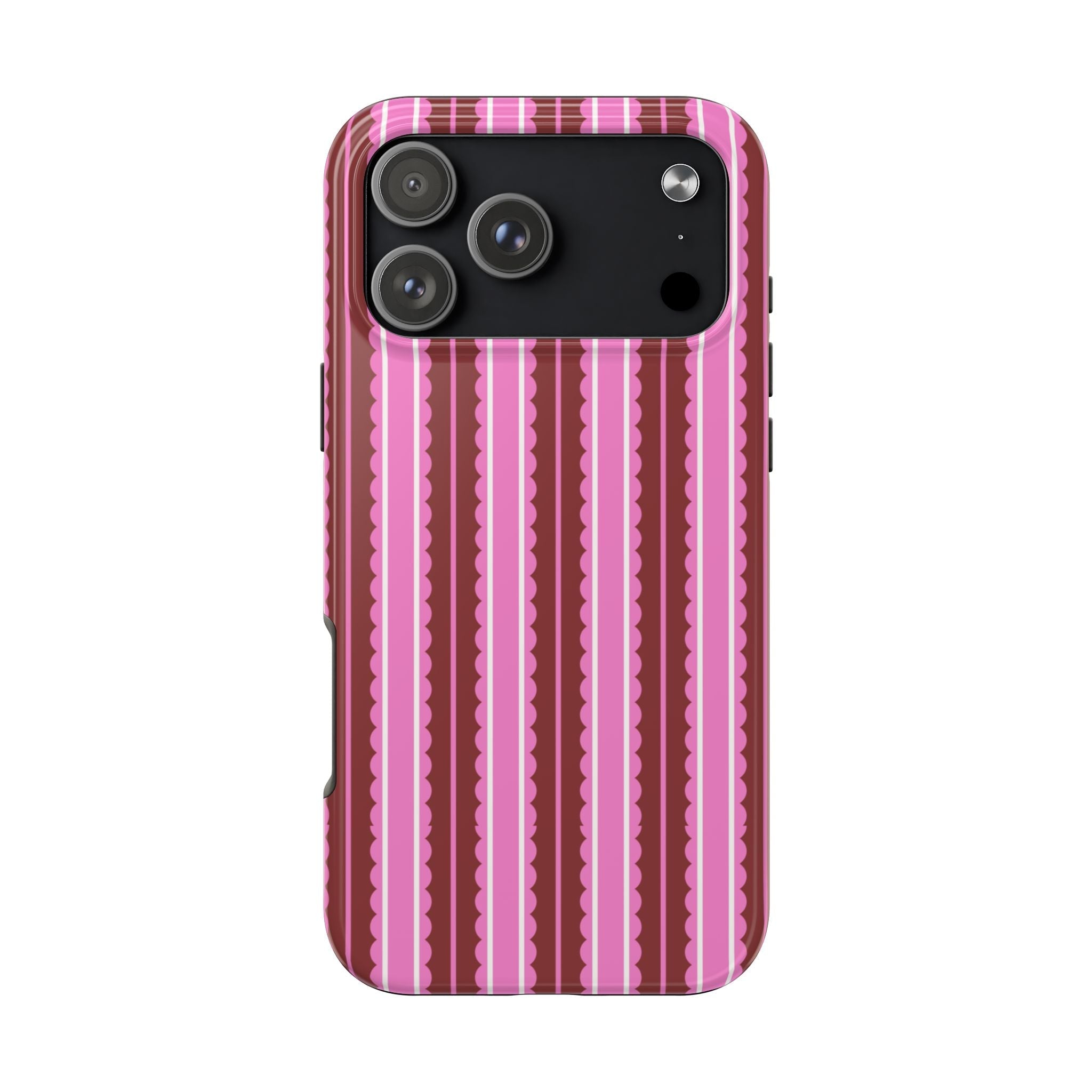Cranberry pink crinkle-striped phone case with camera cutouts and raised lens area