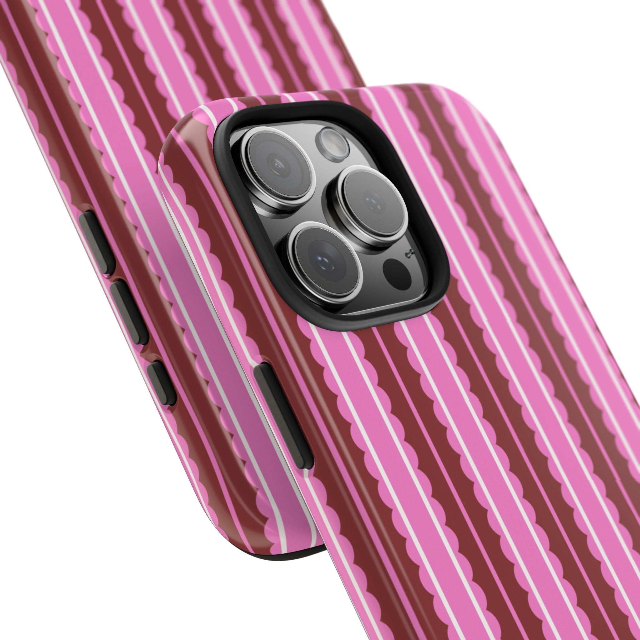 Angled view of cranberry pink crinkle-striped phone case with raised camera protection